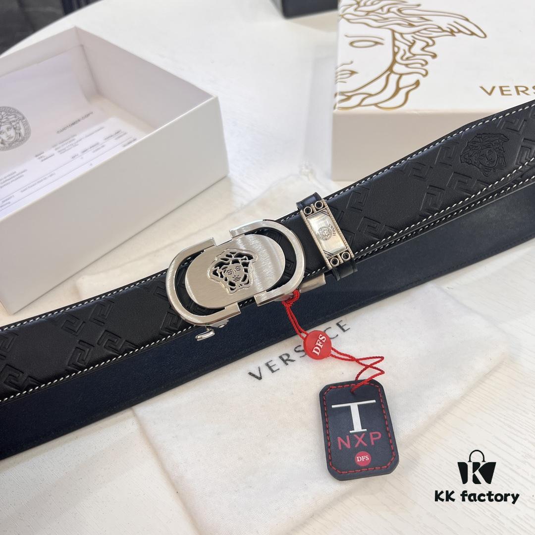 Versace Automatic Buckle Belt, Custom Calfskin with Medusa Embossing, Top-Quality Imported Leather, 3.5 cm Width, Luxury Business Accessory