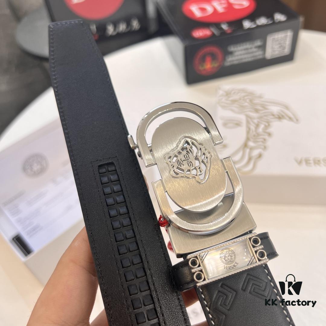 Versace Automatic Buckle Belt, Custom Calfskin with Medusa Embossing, Top-Quality Imported Leather, 3.5 cm Width, Luxury Business Accessory