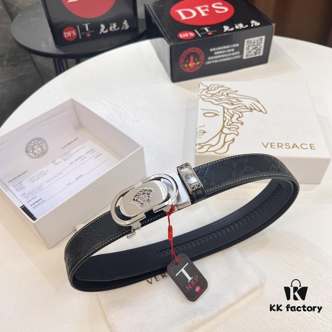 Versace Automatic Buckle Belt, Custom Calfskin with Medusa Embossing, Top-Quality Imported Leather, 3.5 cm Width, Luxury Business Accessory