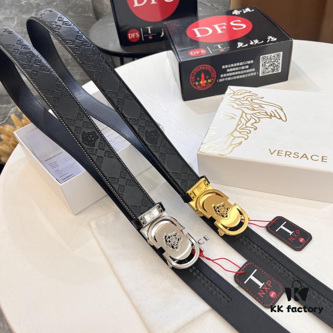 Versace Automatic Buckle Belt, Custom Calfskin with Medusa Embossing, Top-Quality Imported Leather, 3.5 cm Width, Luxury Business Accessory