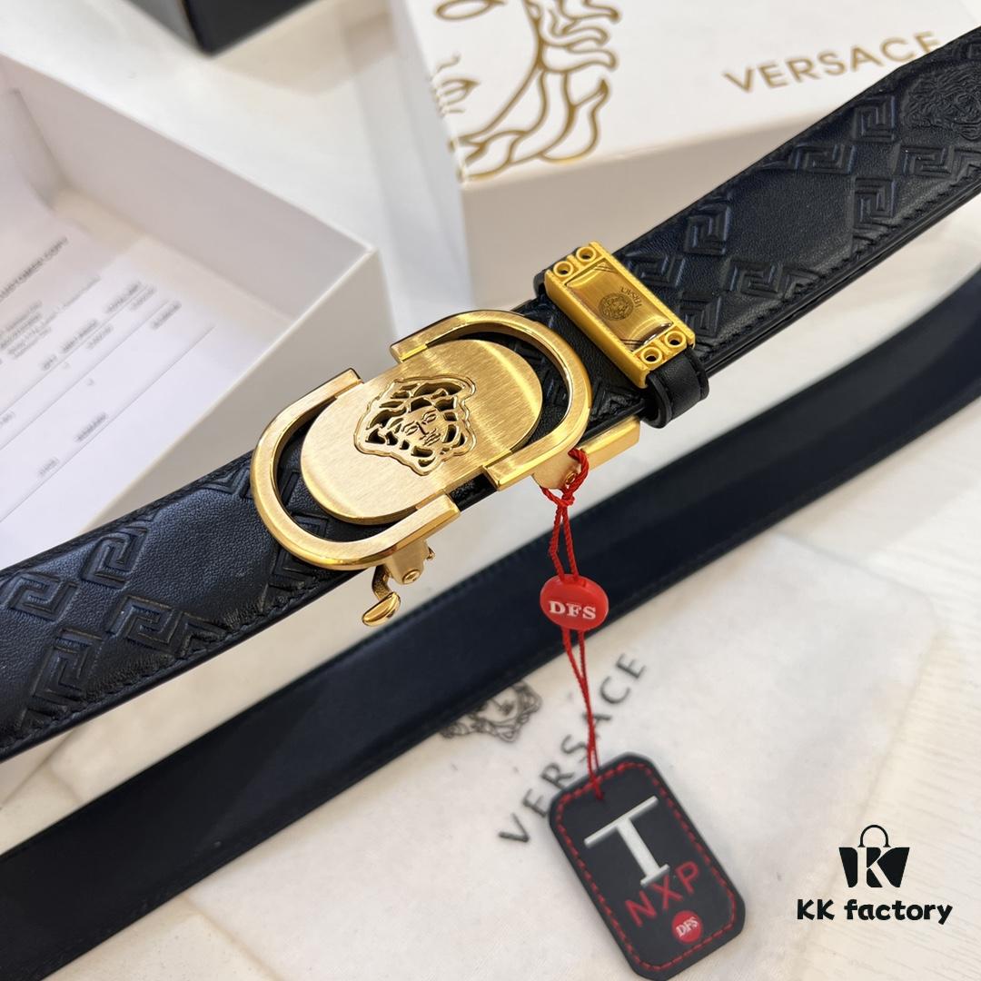 VERSACE Automatic Buckle Belt, Custom Embossed Top-Grade Imported Calfskin, Fine Grain Cowhide, 3.5cm Width, Luxury Business Formal Belt with NXP Anti-Counterfeit Chip