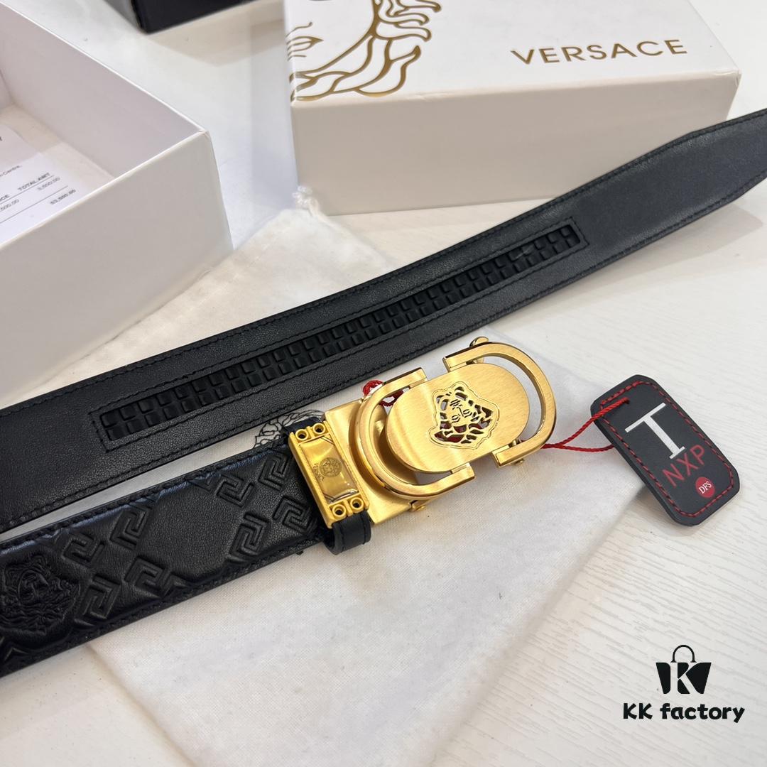 VERSACE Automatic Buckle Belt, Custom Embossed Top-Grade Imported Calfskin, Fine Grain Cowhide, 3.5cm Width, Luxury Business Formal Belt with NXP Anti-Counterfeit Chip