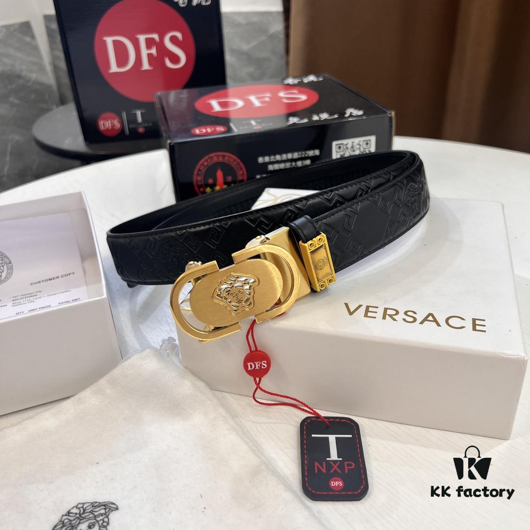 VERSACE Automatic Buckle Belt, Custom Embossed Top-Grade Imported Calfskin, Fine Grain Cowhide, 3.5cm Width, Luxury Business Formal Belt with NXP Anti-Counterfeit Chip