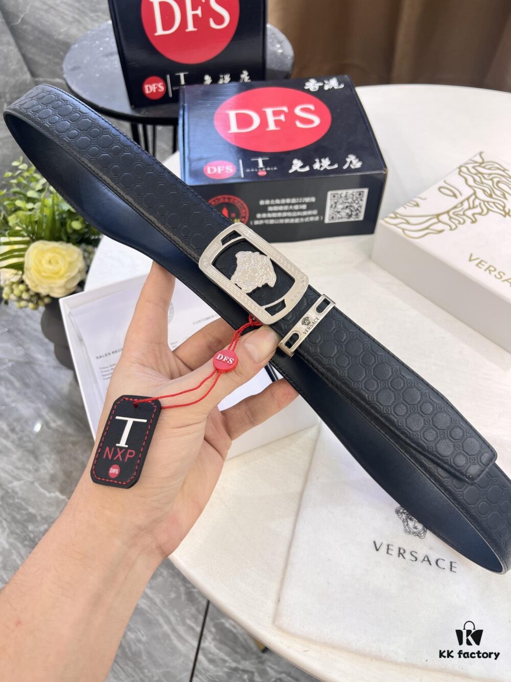 Versace Automatic Buckle Belt, Custom Embossed Top-Grade Imported Calfskin with Fine Grain, 3.5cm Width, Luxury Business Formal Accessory