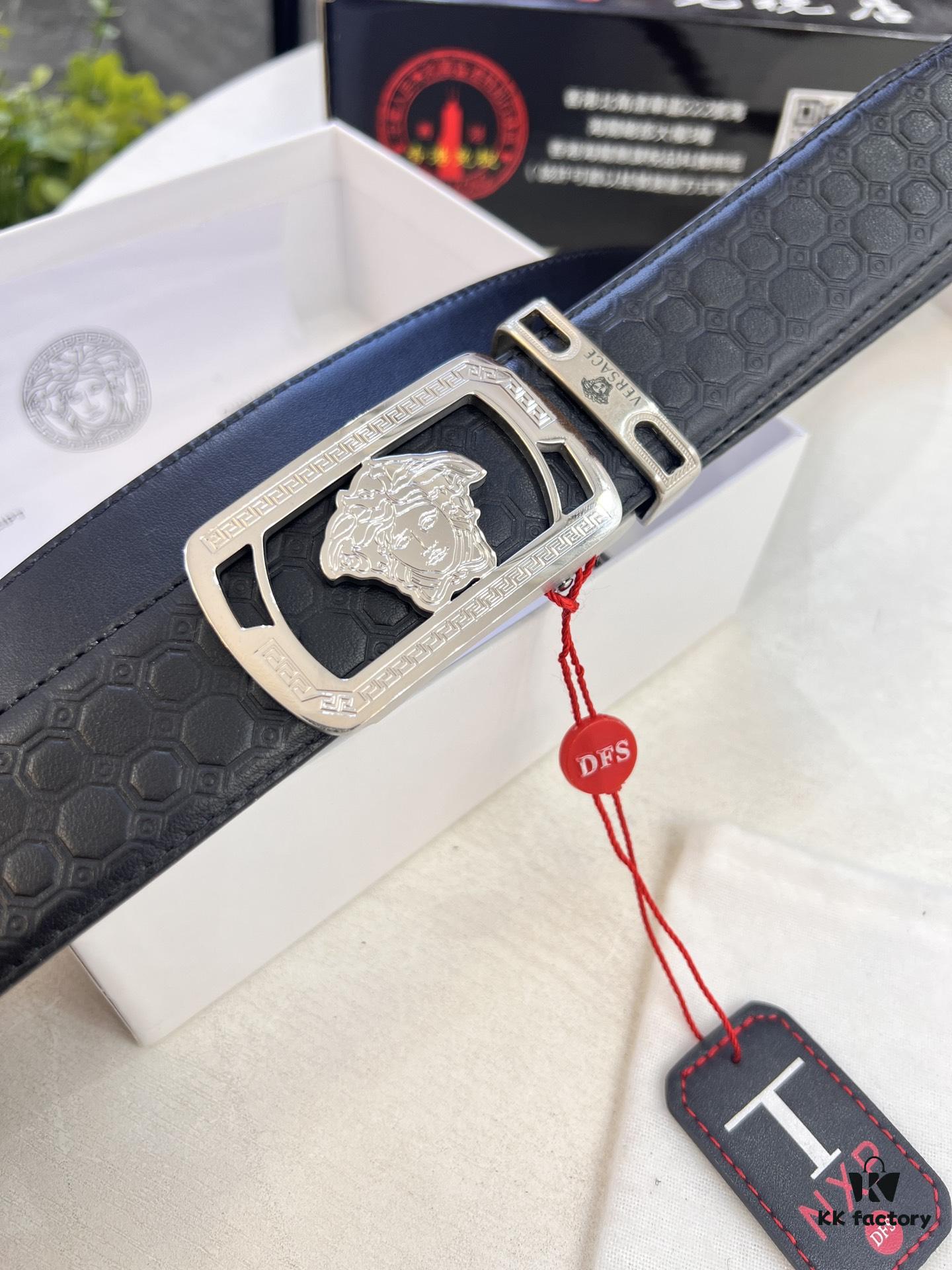 Versace Automatic Buckle Belt, Custom Embossed Top-Grade Imported Calfskin with Fine Grain, 3.5cm Width, Luxury Business Formal Accessory