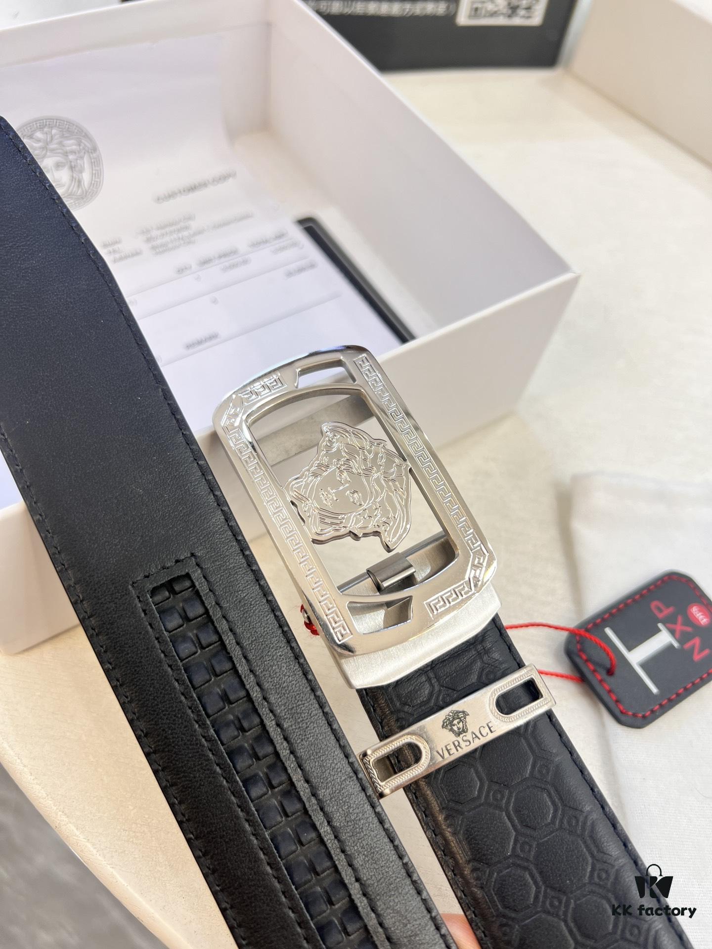 Versace Automatic Buckle Belt, Custom Embossed Top-Grade Imported Calfskin with Fine Grain, 3.5cm Width, Luxury Business Formal Accessory