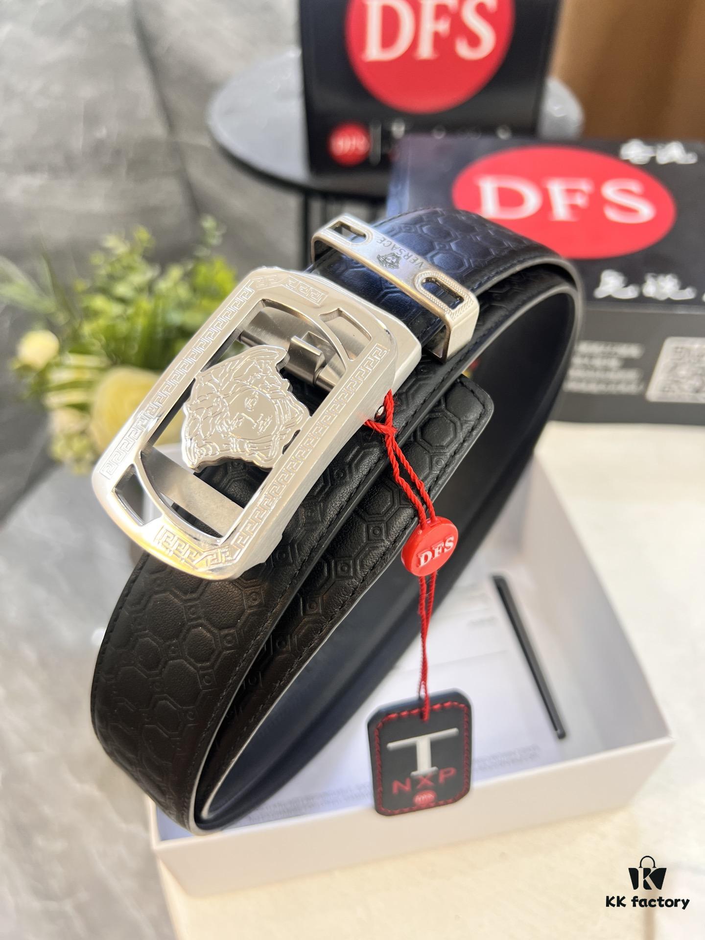 Versace Automatic Buckle Belt, Custom Embossed Top-Grade Imported Calfskin with Fine Grain, 3.5cm Width, Luxury Business Formal Accessory