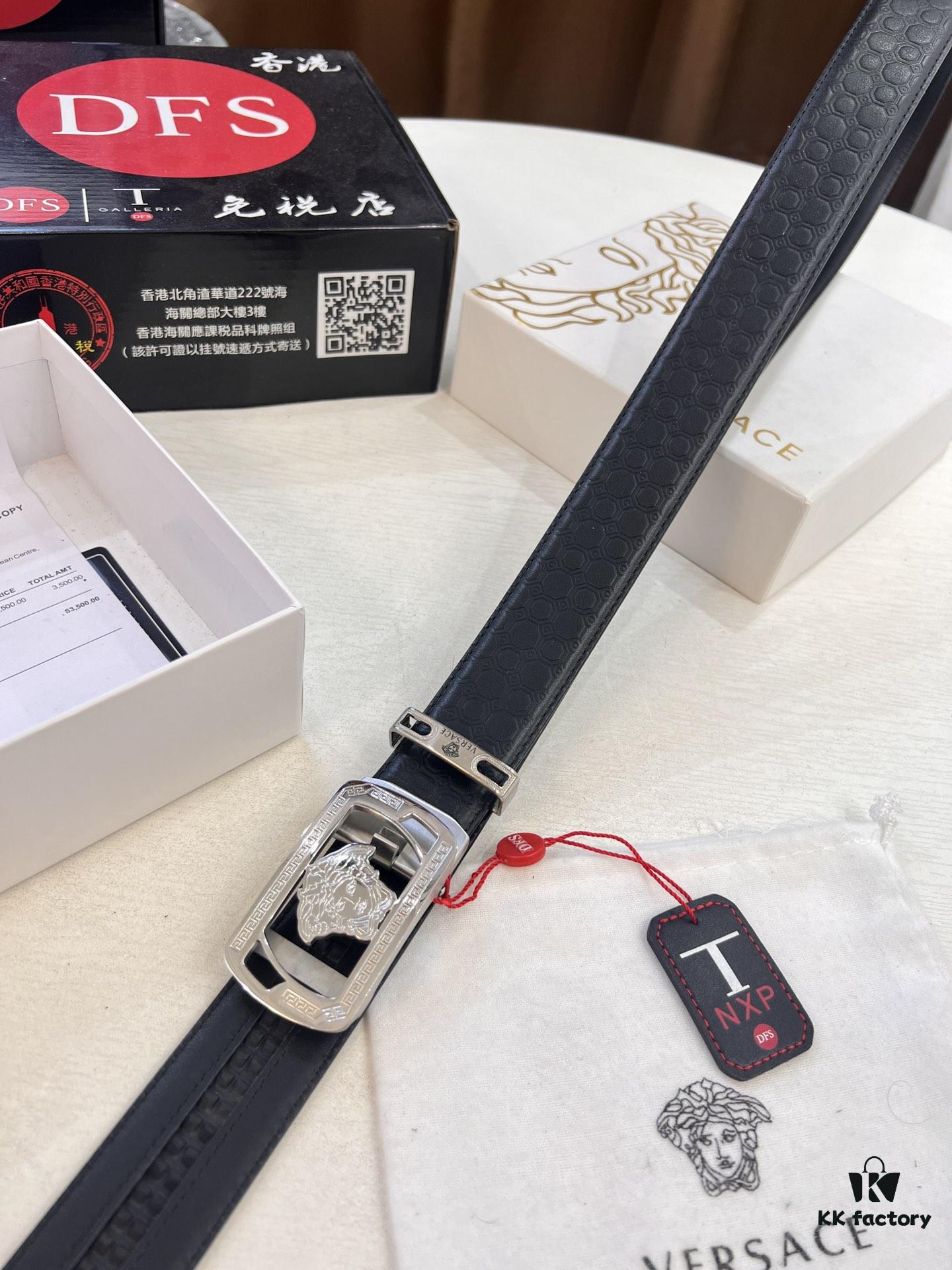 Versace Automatic Buckle Belt, Custom Embossed Top-Grade Imported Calfskin with Fine Grain, 3.5cm Width, Luxury Business Formal Accessory