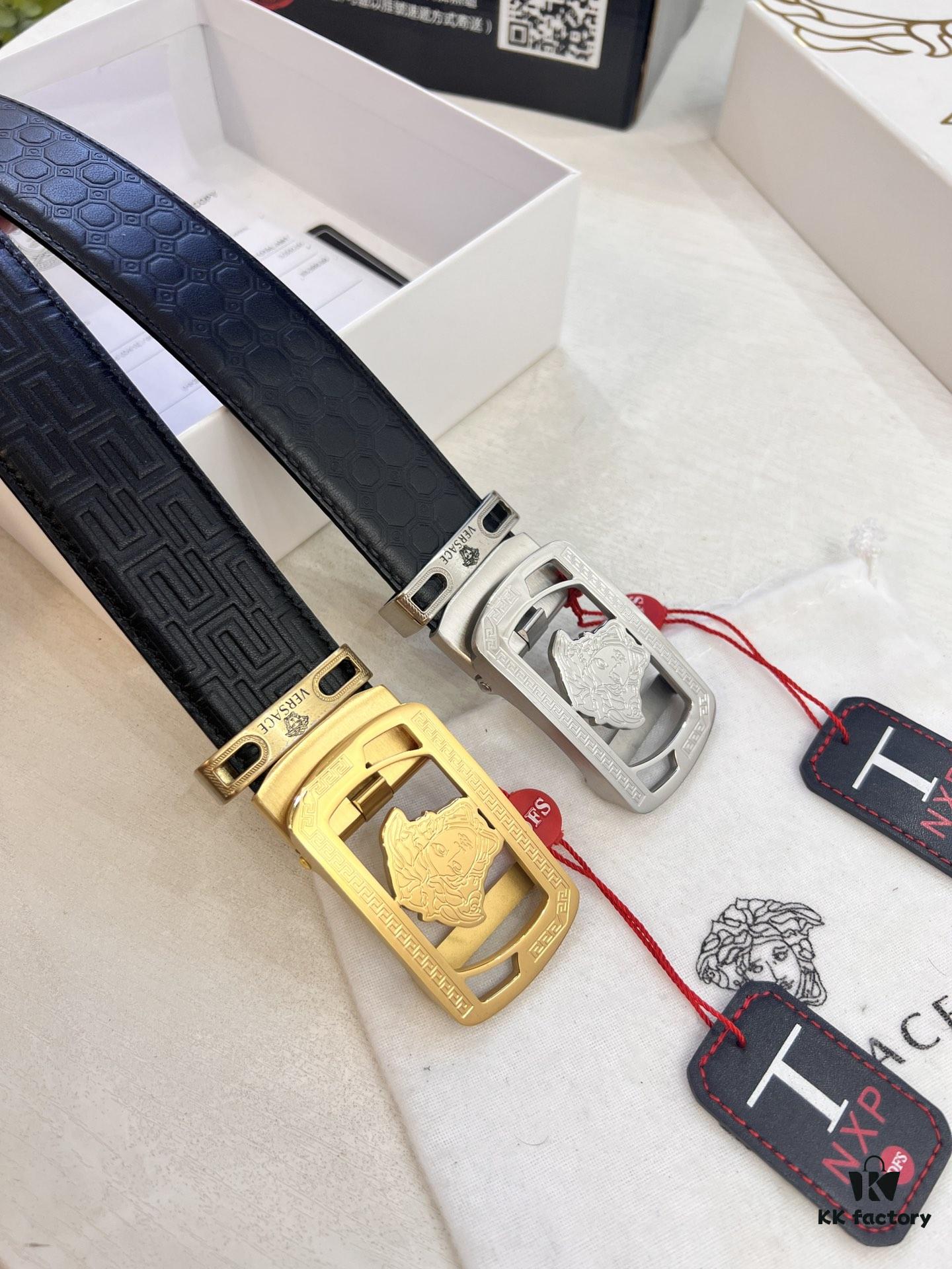 Versace Automatic Buckle Belt, Custom Embossed Top-Grade Imported Calfskin with Fine Grain, 3.5cm Width, Luxury Business Formal Accessory