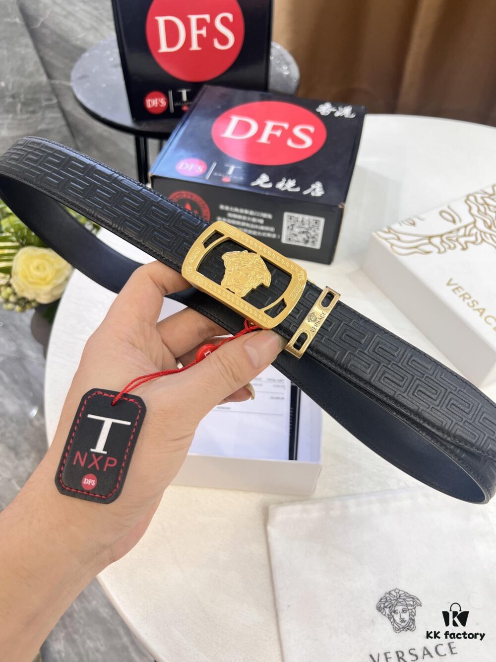 Versace Automatic Buckle Belt, Custom Embossed Top-Grade Imported Calfskin, Fine Grain Leather, 3.5cm Width, Luxury Business Formal Belt with Steel Automatic Slide Closure