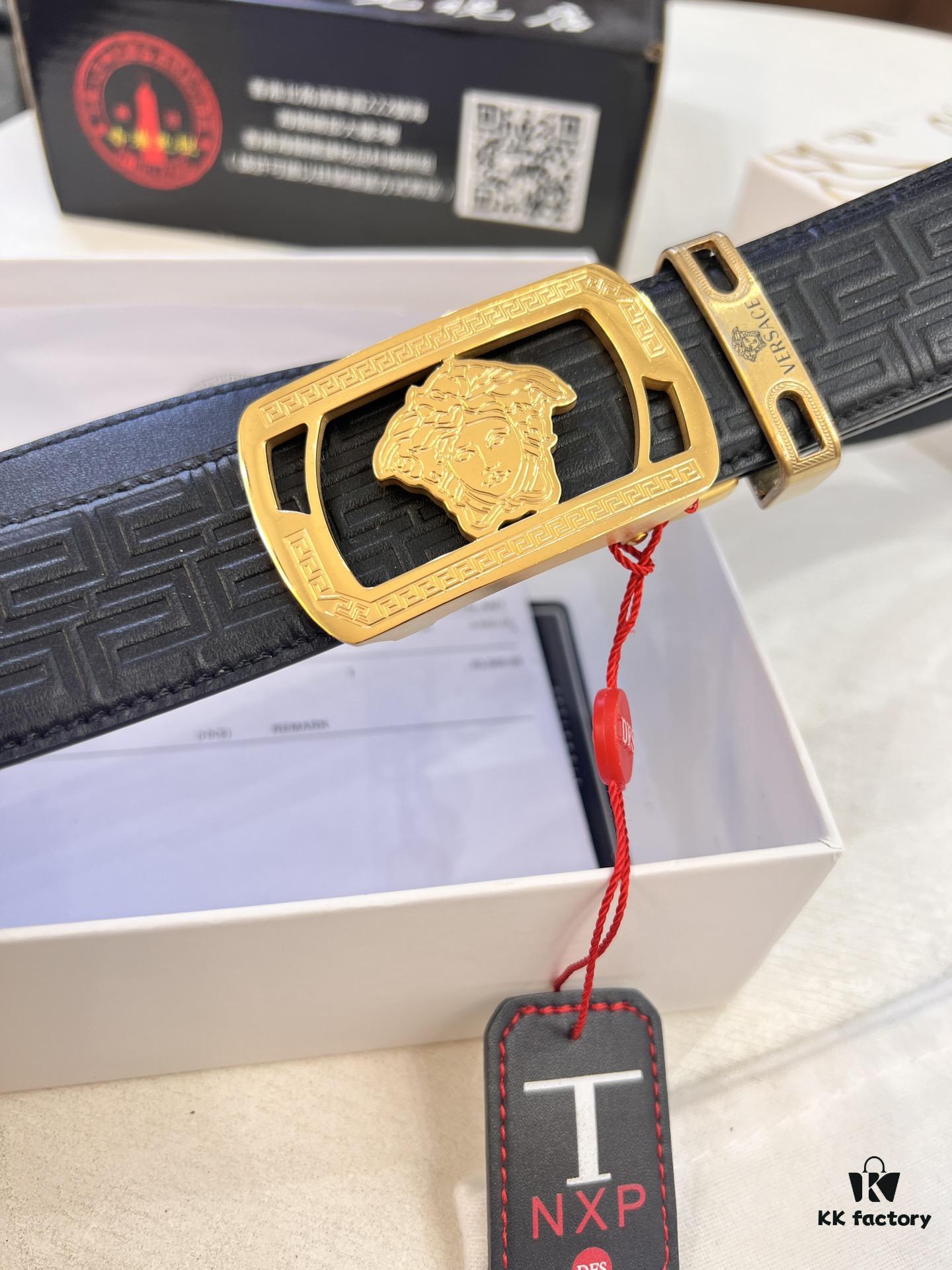 Versace Automatic Buckle Belt, Custom Embossed Top Grain Imported Leather, 3.5cm Width, Premium Business Formal Belt with NXP Anti-Counterfeit Chip