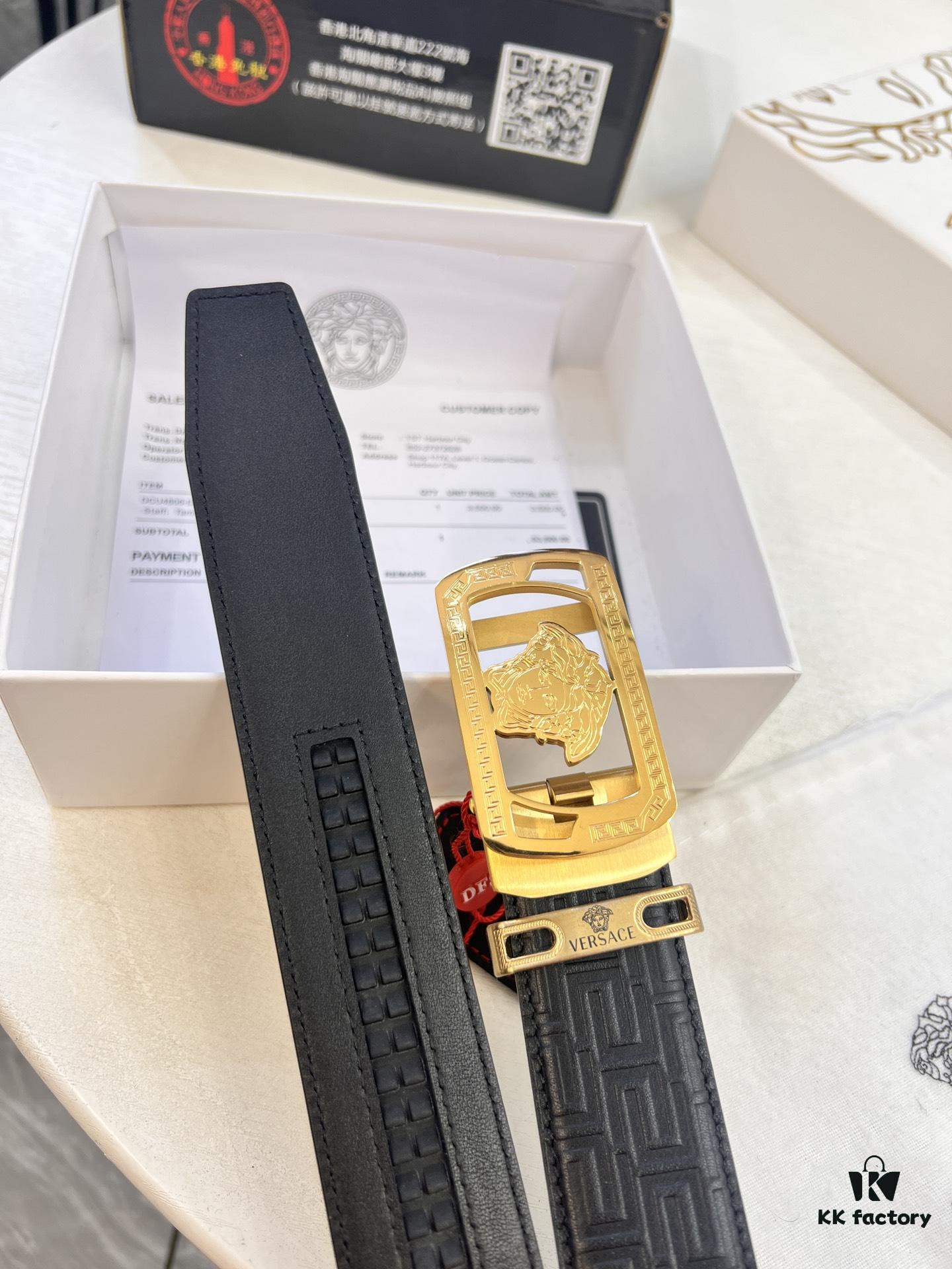 Versace Automatic Buckle Belt, Custom Embossed Top Grain Imported Leather, 3.5cm Width, Premium Business Formal Belt with NXP Anti-Counterfeit Chip