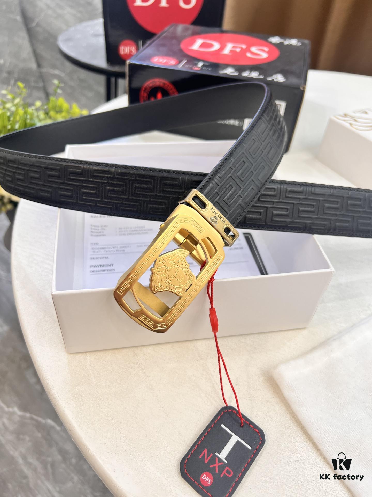 Versace Automatic Buckle Belt, Custom Embossed Top Grain Imported Leather, 3.5cm Width, Premium Business Formal Belt with NXP Anti-Counterfeit Chip