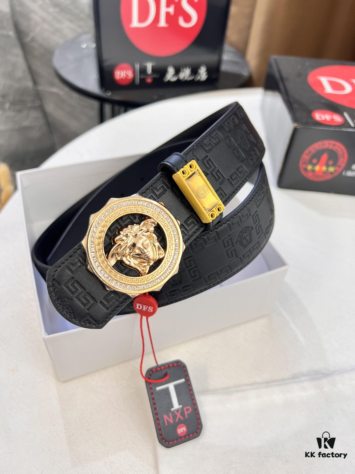 Versace Medusa Belt - Original Factory Order, Italian Imported Top Grain Calfskin, 3.8cm Width, Authentic Packaging with NXP RFID Tag