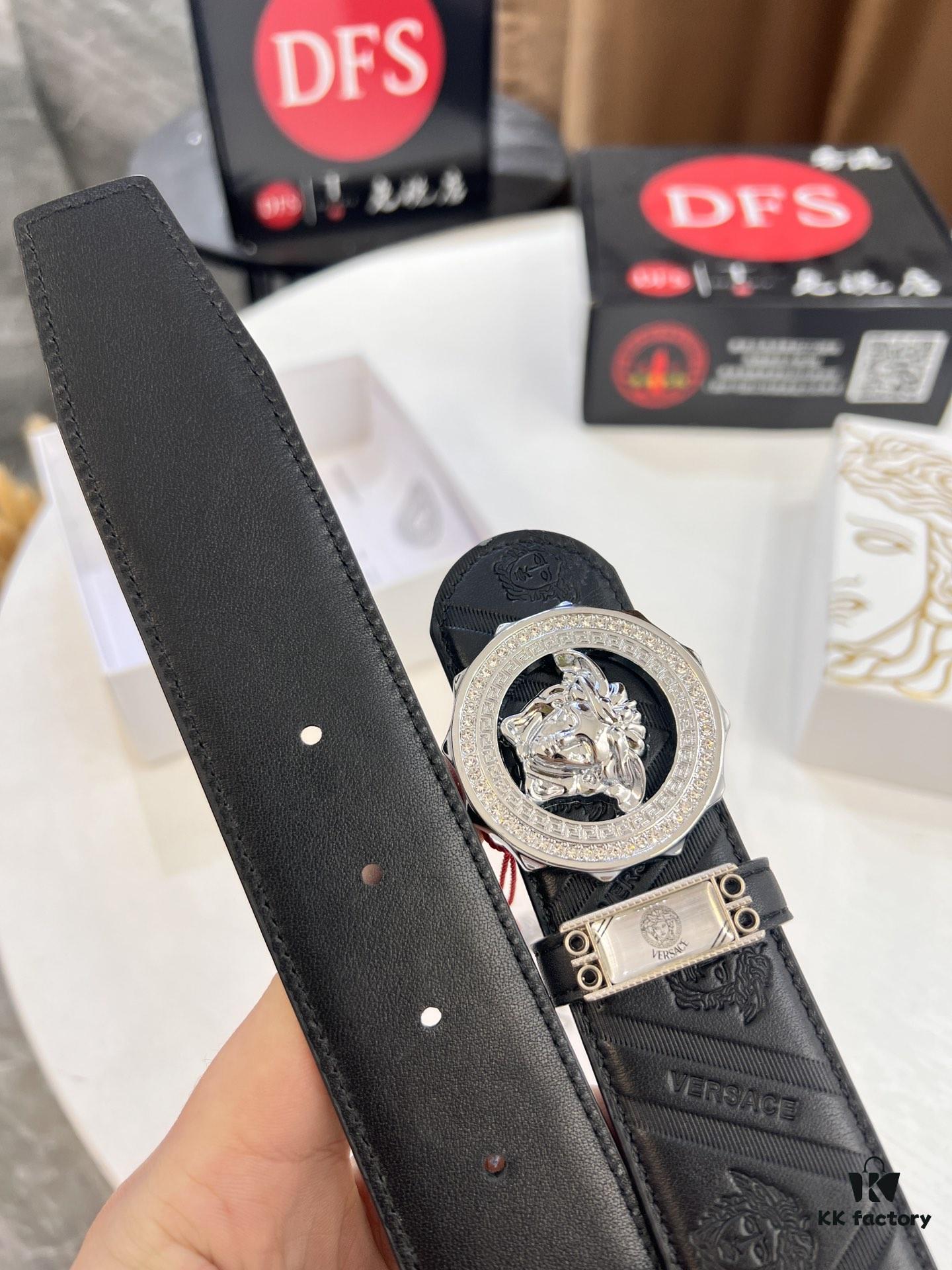 Versace Medusa Belt - Original Factory Order, Genuine Italian Top Grain Calfskin Leather, 3.8cm Width, Hong Kong Duty-Free Gift Box with NXP RFID Anti-Counterfeit Chip