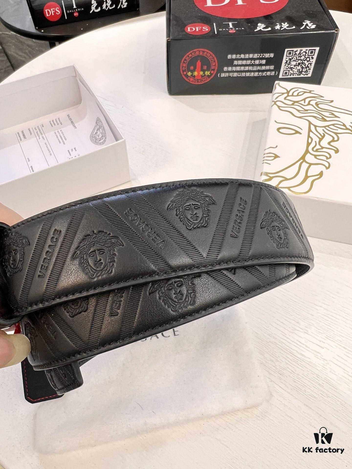 Versace Medusa Belt - Original Factory Order, Genuine Italian Top Grain Calfskin Leather, 3.8cm Width, Hong Kong Duty-Free Gift Box with NXP RFID Anti-Counterfeit Chip