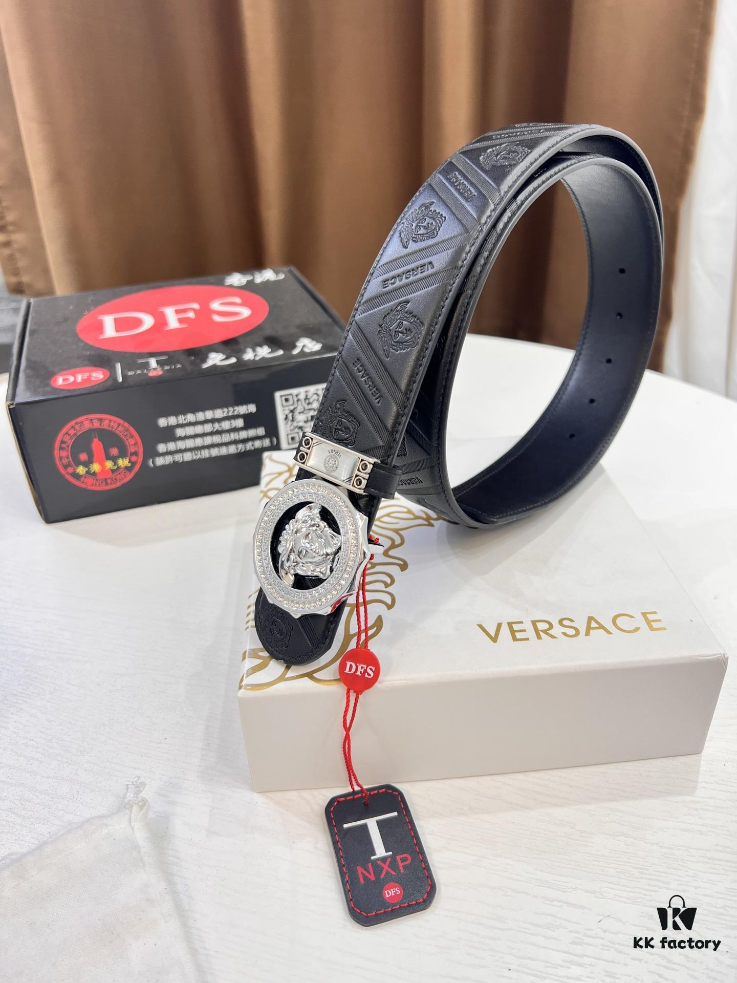 Versace Medusa Belt - Original Factory Order, Genuine Italian Top Grain Calfskin Leather, 3.8cm Width, Hong Kong Duty-Free Gift Box with NXP RFID Anti-Counterfeit Chip