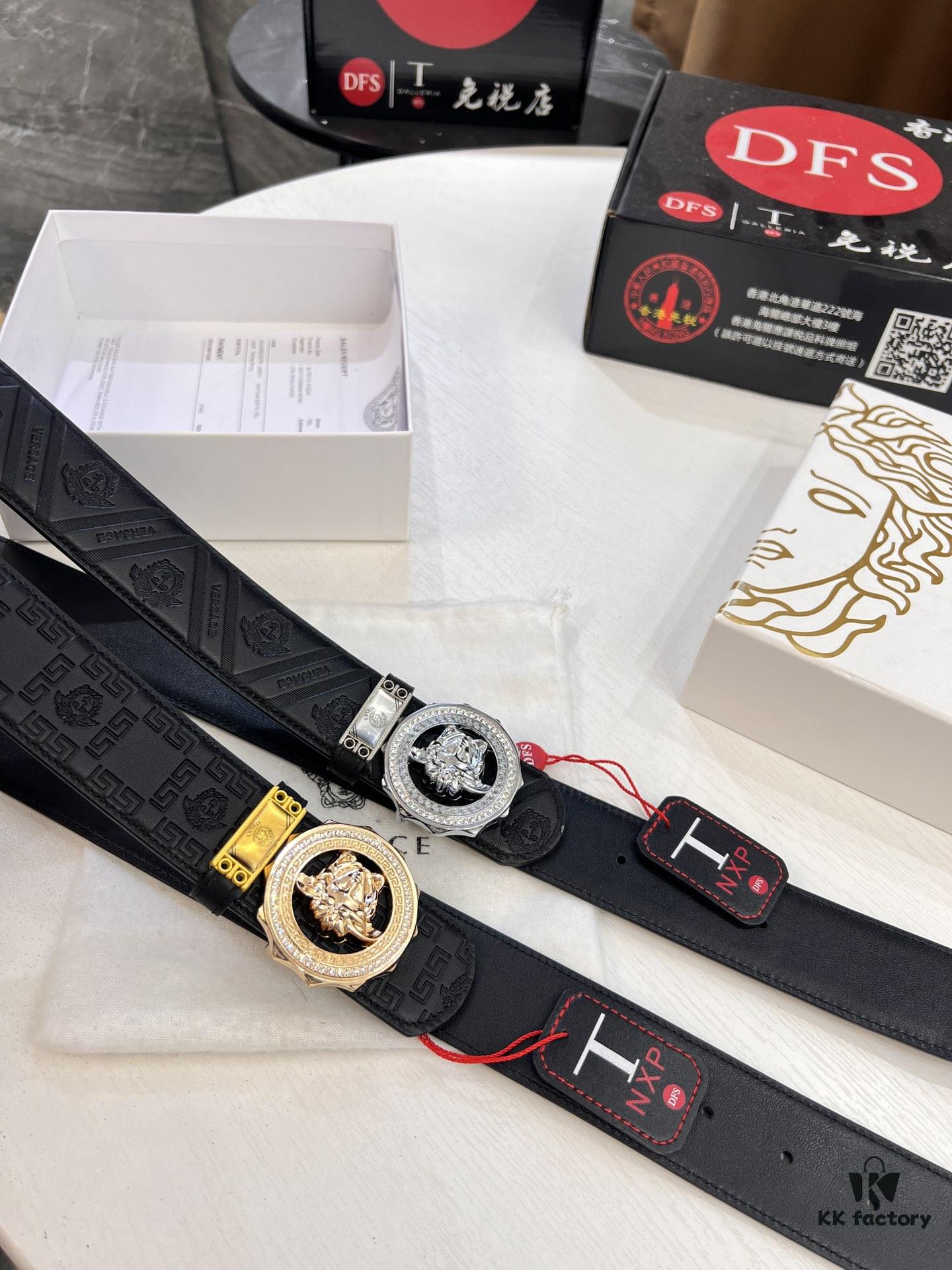 Versace Medusa Belt - Original Factory Order, Genuine Italian Top Grain Calfskin Leather, 3.8cm Width, Hong Kong Duty-Free Gift Box with NXP RFID Anti-Counterfeit Chip