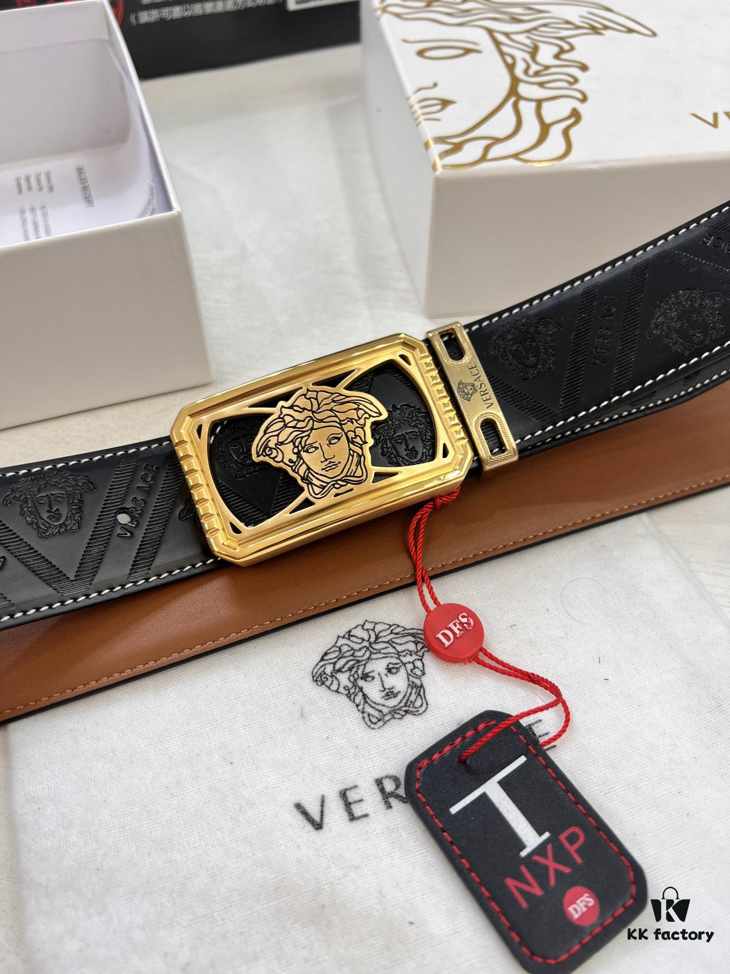 Versace Belt, New Style, Top-Quality Full-Grain Calfskin with Medusa Embossing, Fashionable Design, Soft Leather Feel, Reversible Use, Medusa Stainless Steel Hardware, 3.8cm Width