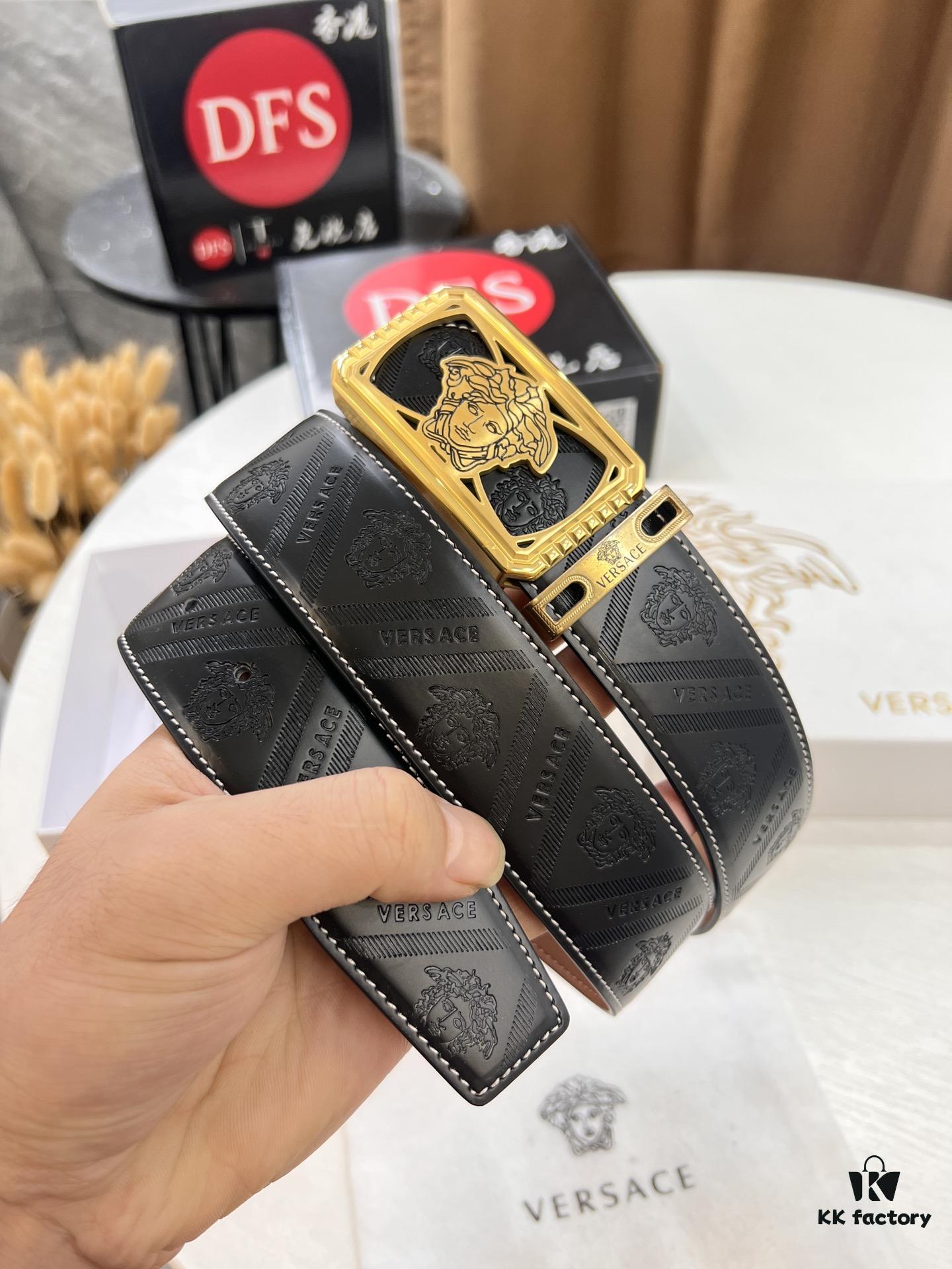 Versace Belt, New Style, Top-Quality Full-Grain Calfskin with Medusa Embossing, Fashionable Design, Soft Leather Feel, Reversible Use, Medusa Stainless Steel Hardware, 3.8cm Width