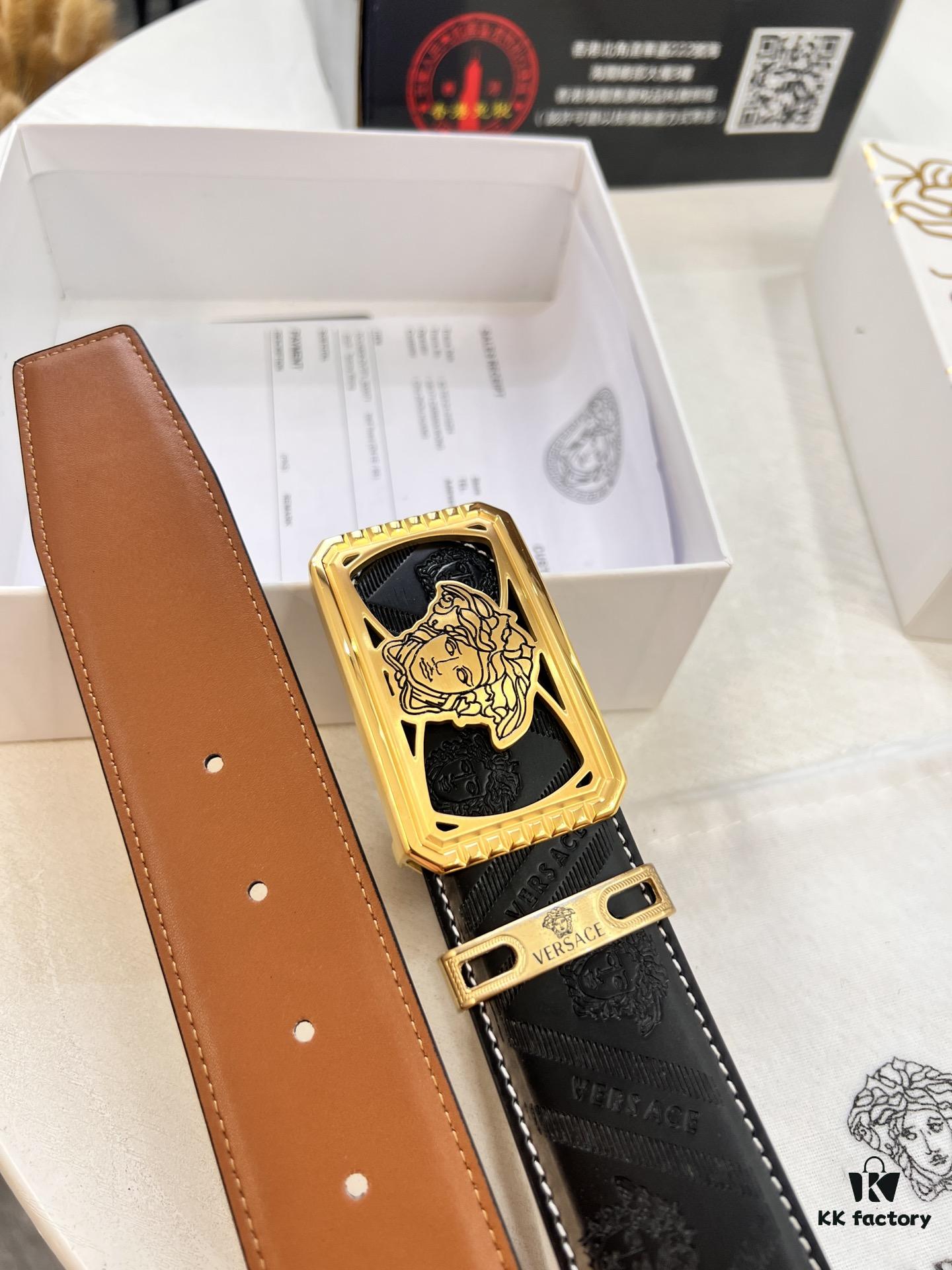 Versace Belt, New Style, Top-Quality Full-Grain Calfskin with Medusa Embossing, Fashionable Design, Soft Leather Feel, Reversible Use, Medusa Stainless Steel Hardware, 3.8cm Width
