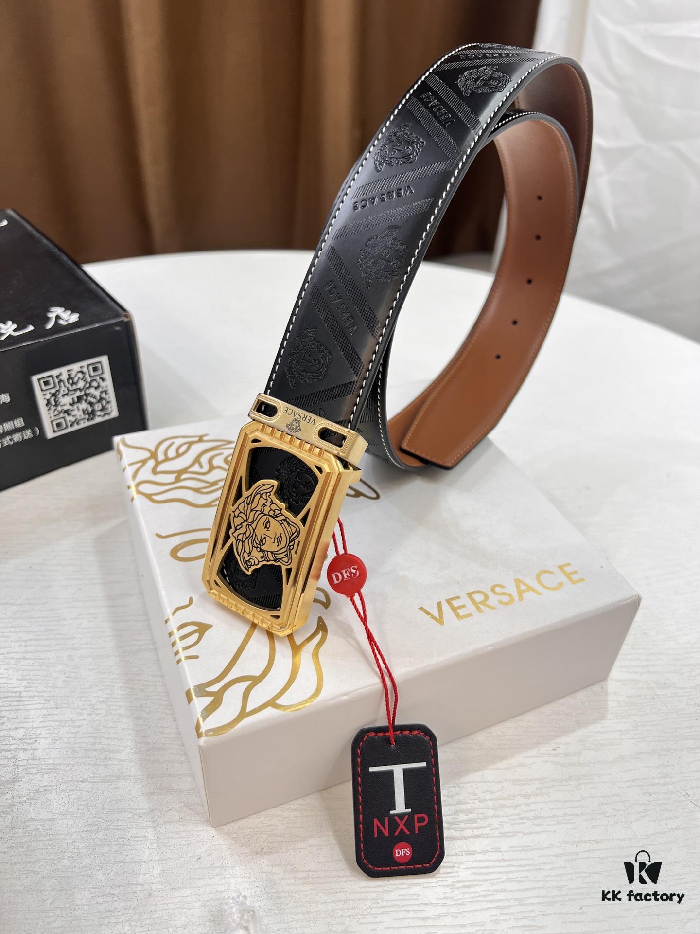 Versace Belt, New Style, Top-Quality Full-Grain Calfskin with Medusa Embossing, Fashionable Design, Soft Leather Feel, Reversible Use, Medusa Stainless Steel Hardware, 3.8cm Width