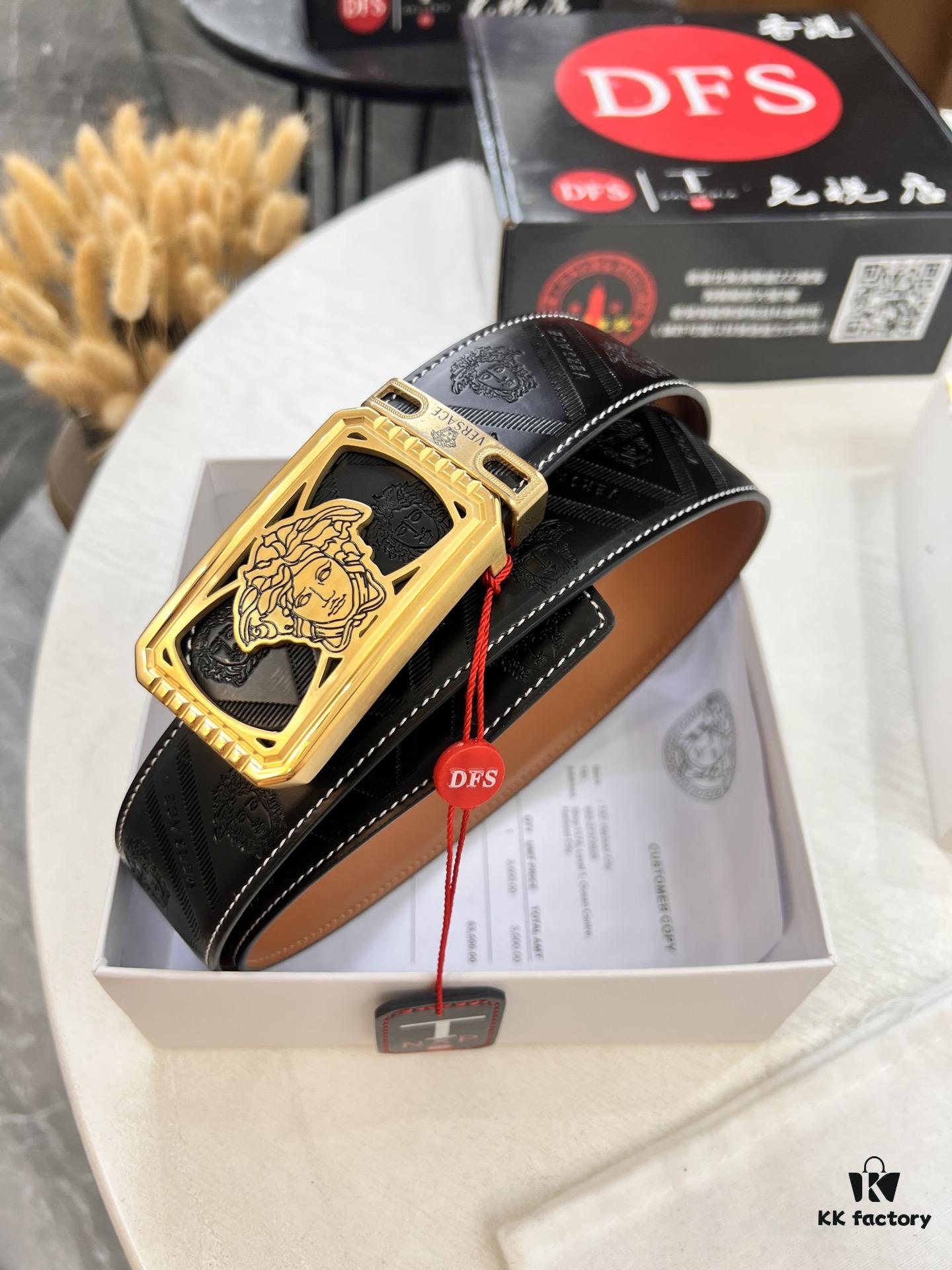 Versace Belt, New Style, Top-Quality Full-Grain Calfskin with Medusa Embossing, Fashionable Design, Soft Leather Feel, Reversible Use, Medusa Stainless Steel Hardware, 3.8cm Width