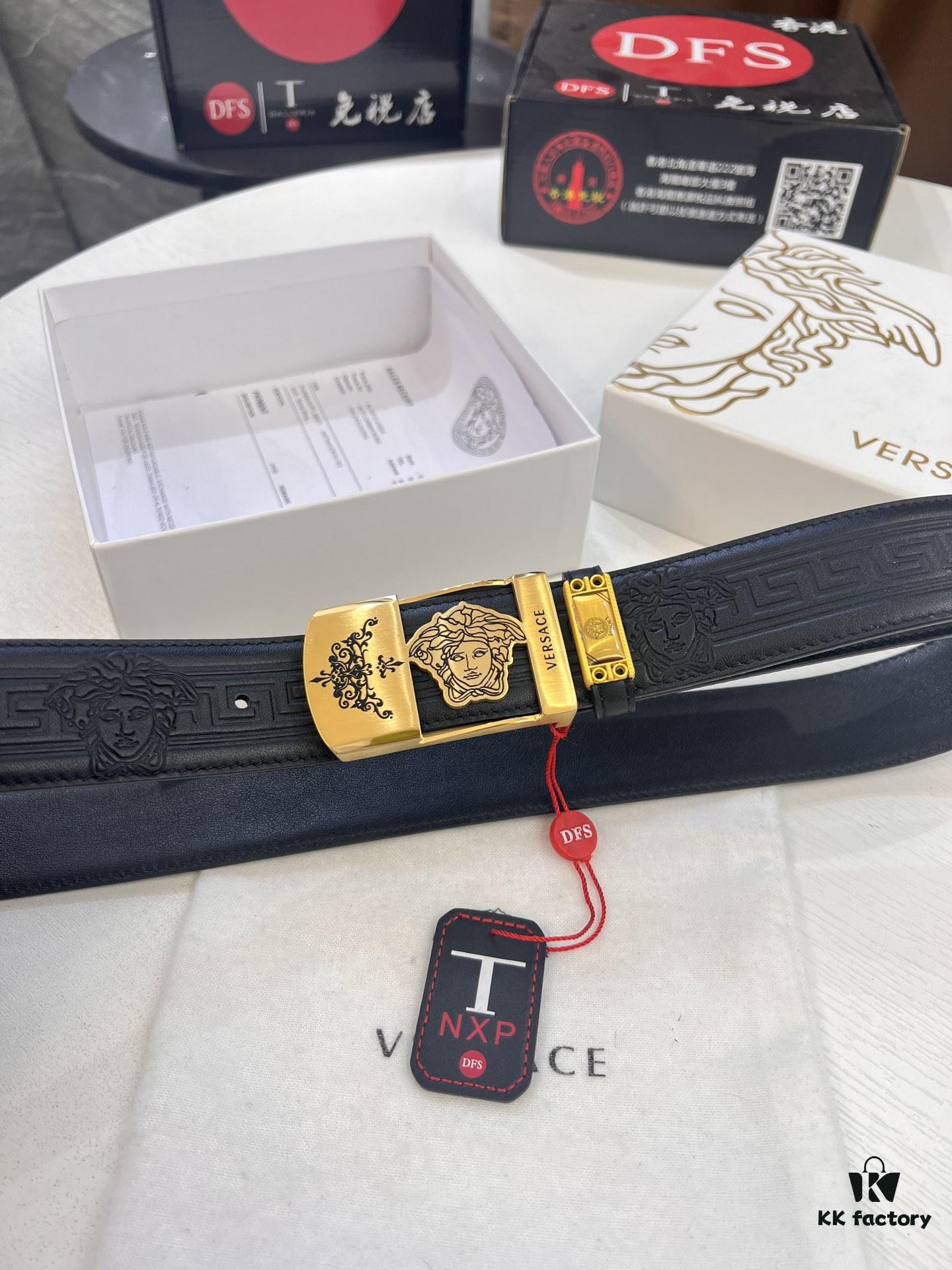 Versace Belt, New Style, Genuine Top Layer Cowhide with Medusa Head Embossing, Soft Leather, Fashion Streetwear Design, 3.8cm Width, Premium Quality with NXP Anti-Counterfeit Chip