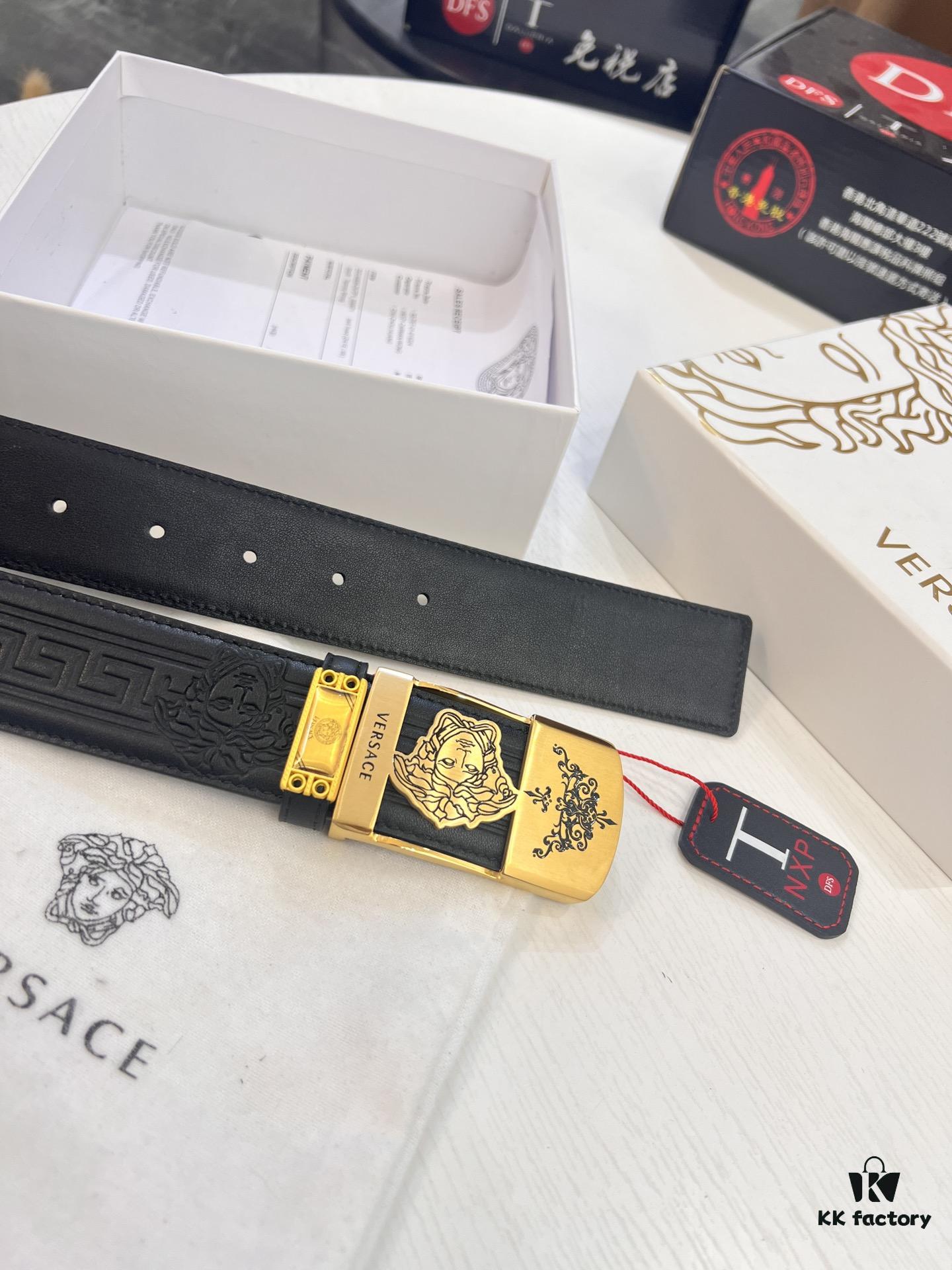 Versace Belt, New Style, Genuine Top Layer Cowhide with Medusa Head Embossing, Soft Leather, Fashion Streetwear Design, 3.8cm Width, Premium Quality with NXP Anti-Counterfeit Chip