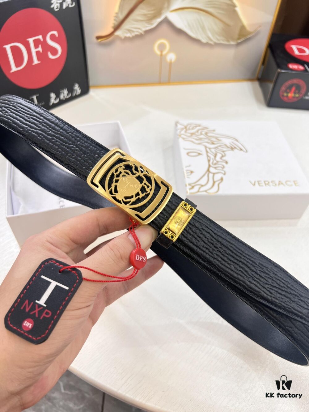 Versace Automatic Buckle Belt, Custom Embossed Top Grain Imported Leather, 3.5cm Width, Premium Business Formal Belt with NXP Anti-Counterfeit Chip