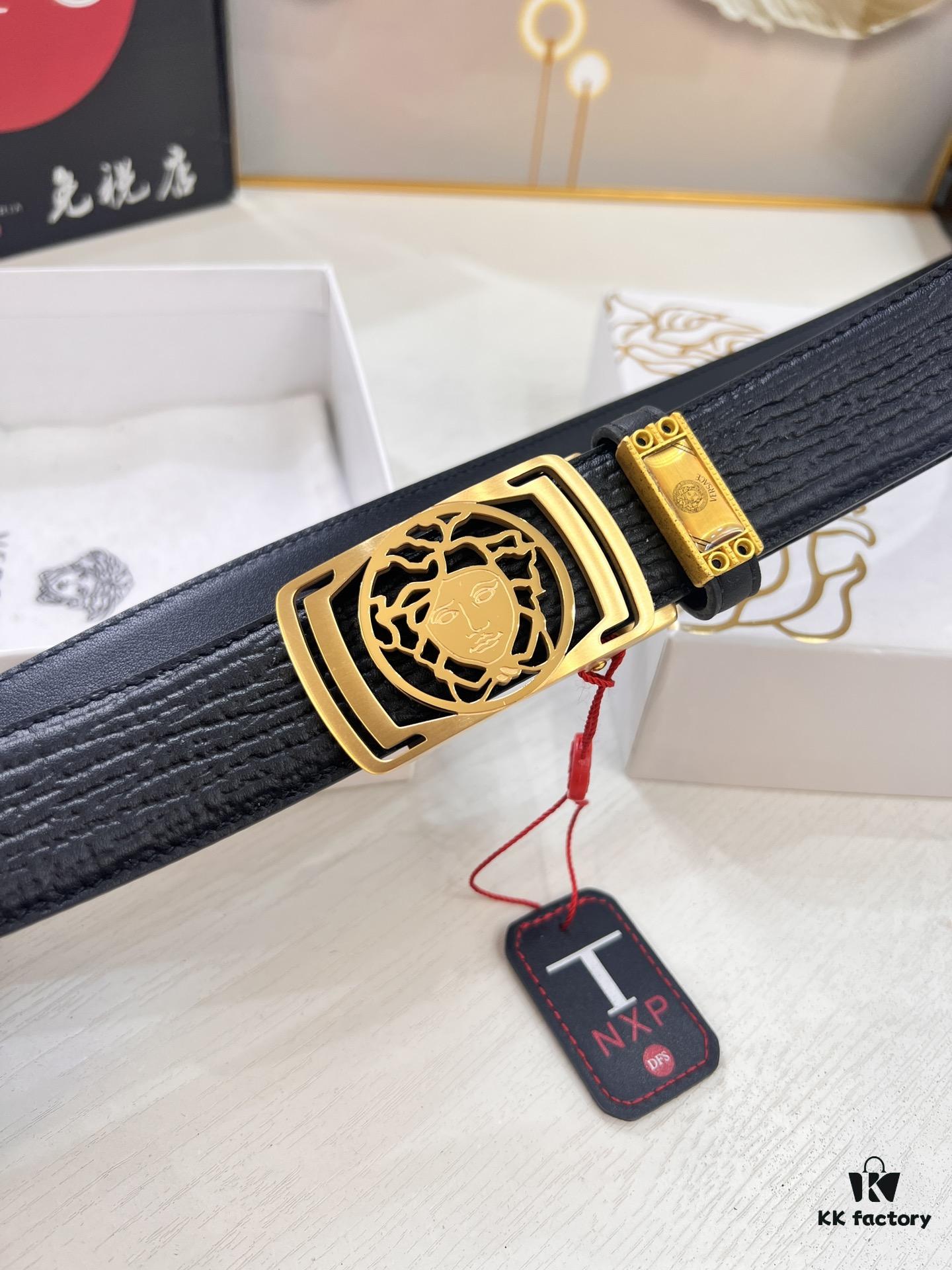 Versace Automatic Buckle Belt, Custom Embossed Top Grain Imported Leather, 3.5cm Width, Premium Business Formal Belt with NXP Anti-Counterfeit Chip