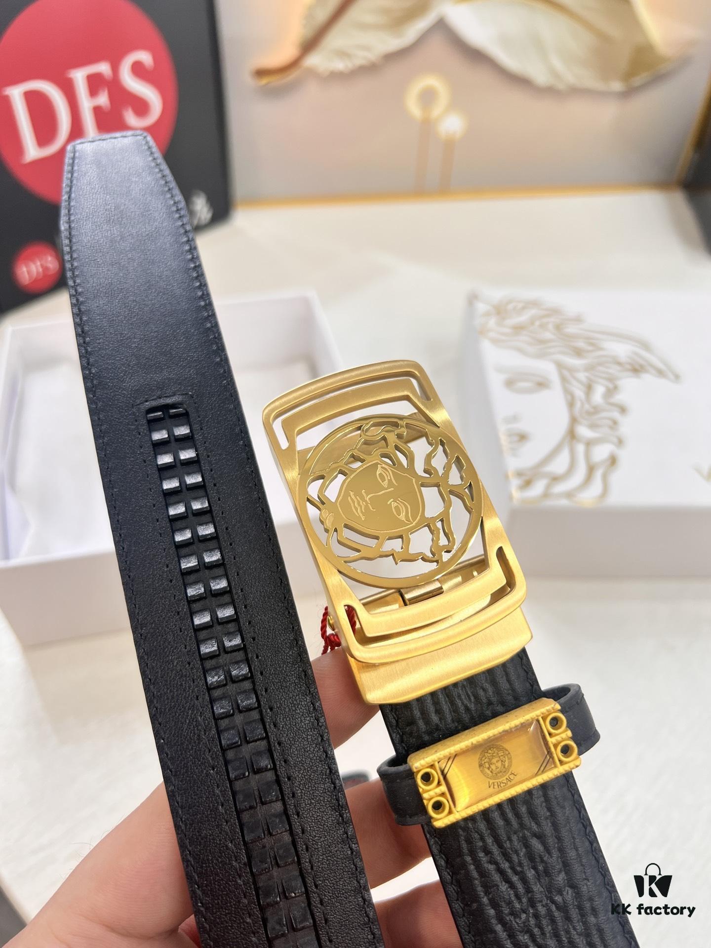 Versace Automatic Buckle Belt, Custom Embossed Top Grain Imported Leather, 3.5cm Width, Premium Business Formal Belt with NXP Anti-Counterfeit Chip