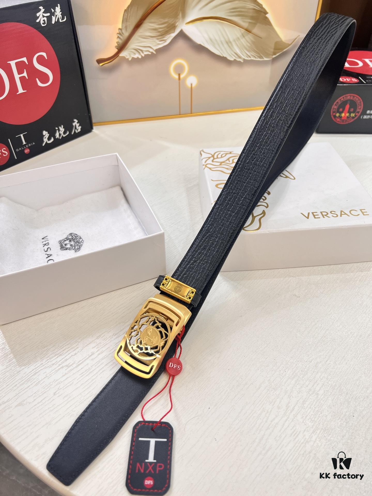 Versace Automatic Buckle Belt, Custom Embossed Top Grain Imported Leather, 3.5cm Width, Premium Business Formal Belt with NXP Anti-Counterfeit Chip