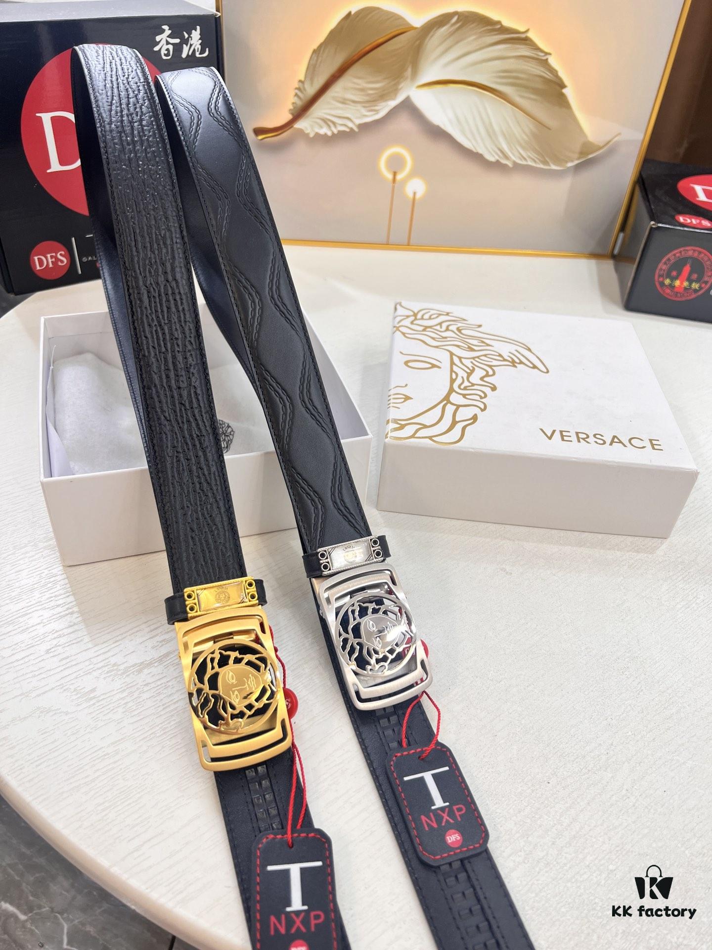 Versace Automatic Buckle Belt, Custom Embossed Top Grain Imported Leather, 3.5cm Width, Premium Business Formal Belt with NXP Anti-Counterfeit Chip