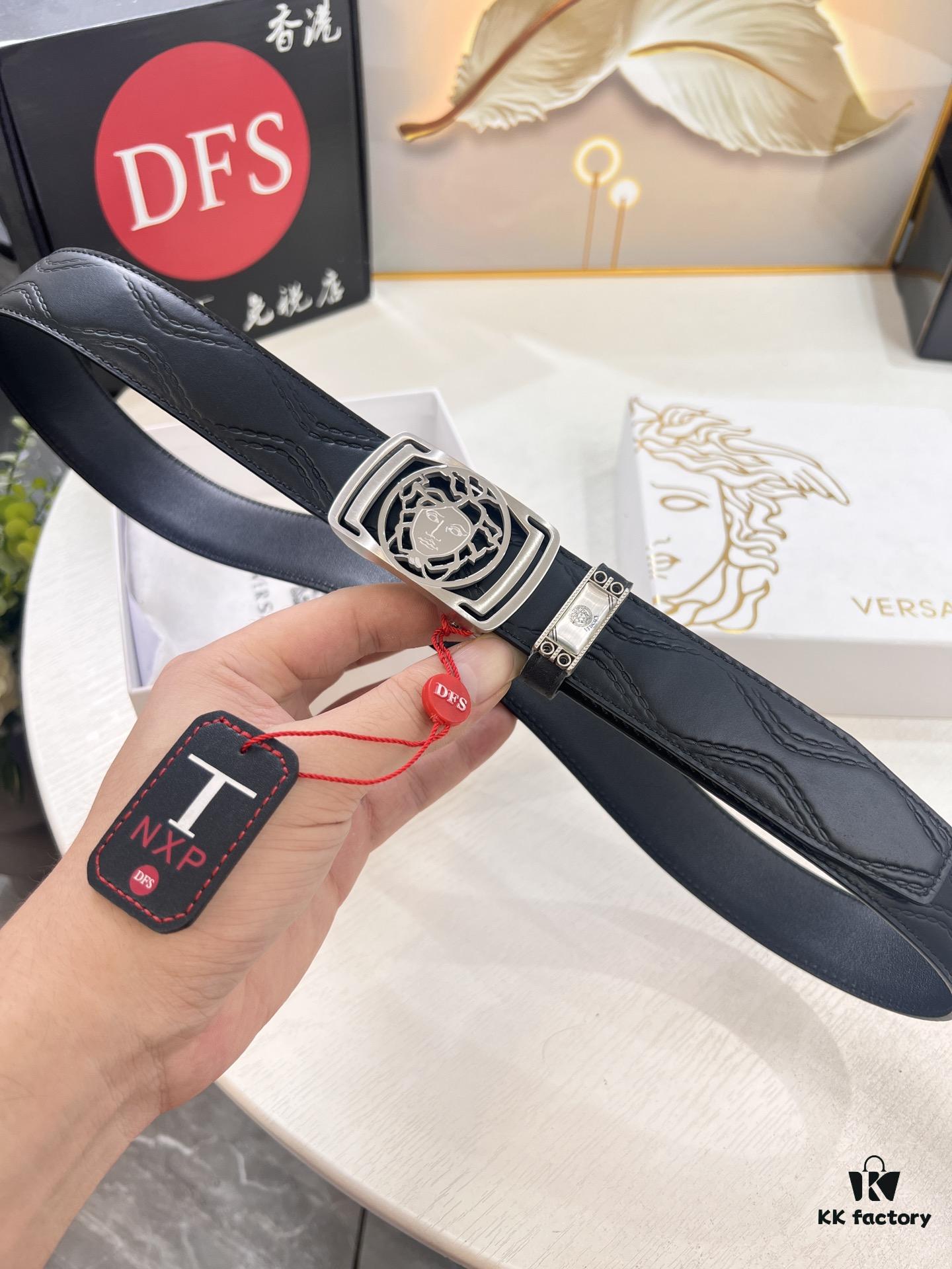 Versace Automatic Buckle Belt, Custom Calfskin with Medusa Embossed Top-Grade Imported Leather, Fine Grain Cowhide, 3.5 cm Width, Luxury Business Formal Belt with Smooth Slide Automatic Steel Hardware