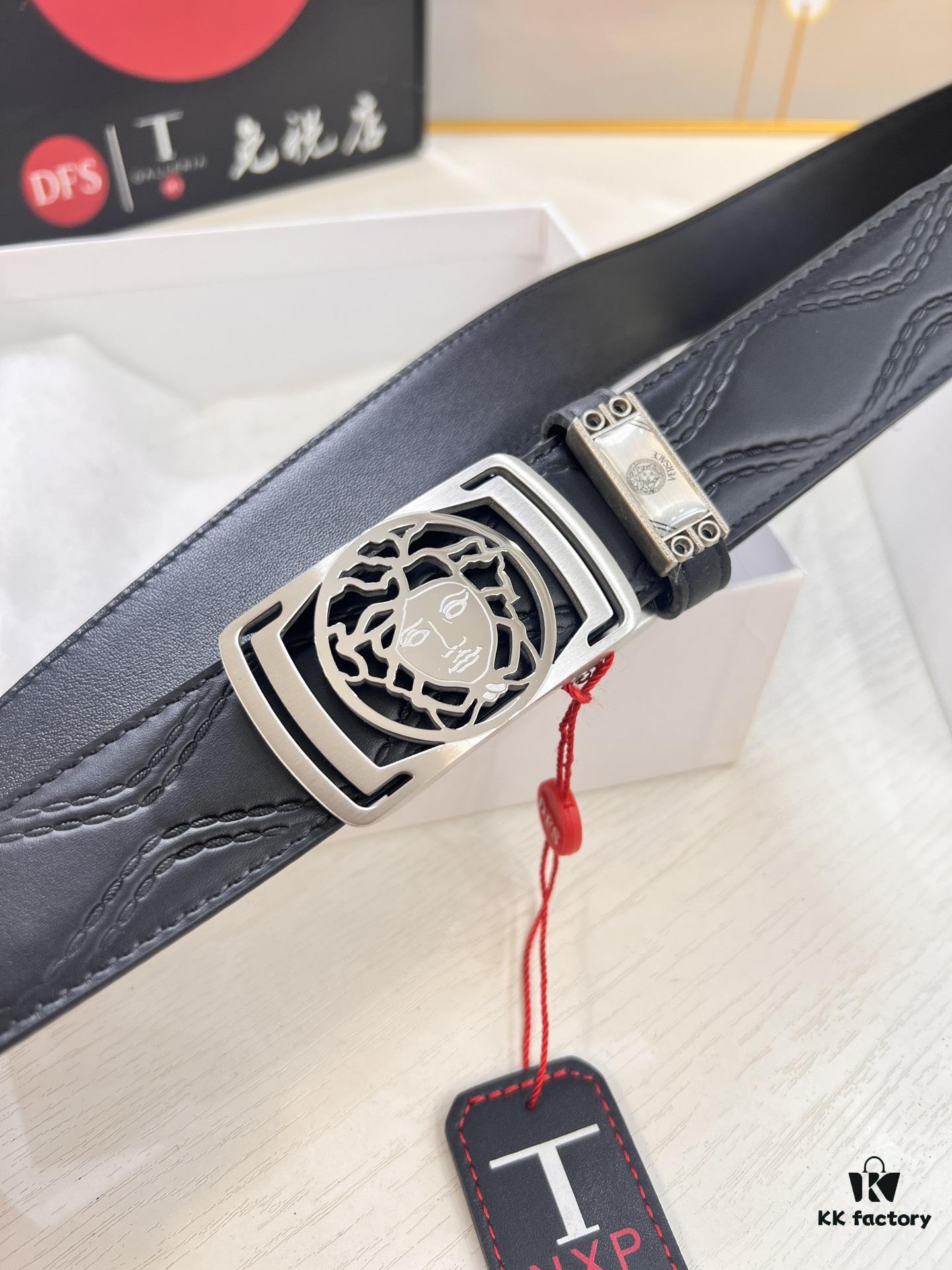 Versace Automatic Buckle Belt, Custom Calfskin with Medusa Embossed Top-Grade Imported Leather, Fine Grain Cowhide, 3.5 cm Width, Luxury Business Formal Belt with Smooth Slide Automatic Steel Hardware