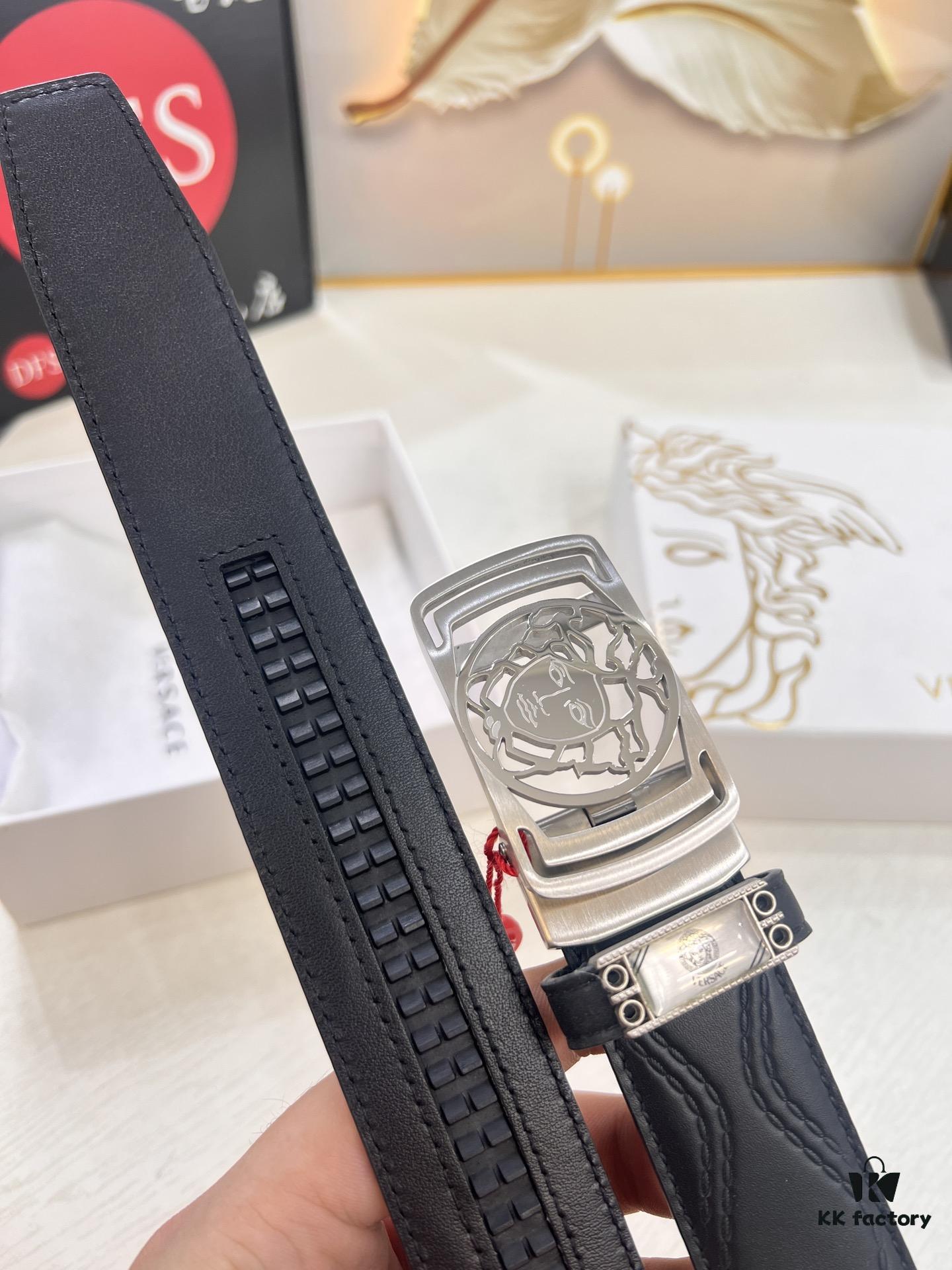 Versace Automatic Buckle Belt, Custom Calfskin with Medusa Embossed Top-Grade Imported Leather, Fine Grain Cowhide, 3.5 cm Width, Luxury Business Formal Belt with Smooth Slide Automatic Steel Hardware