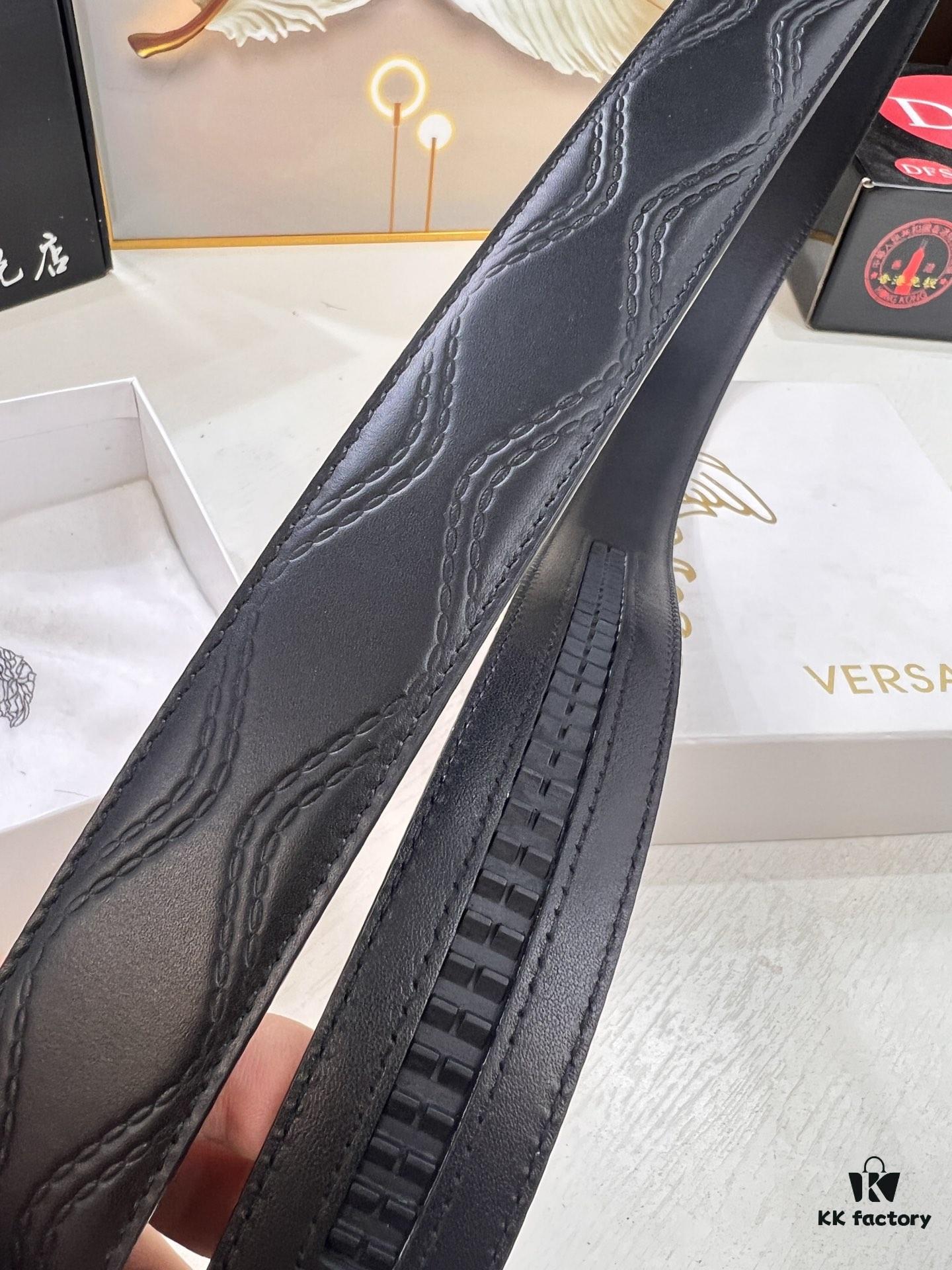 Versace Automatic Buckle Belt, Custom Calfskin with Medusa Embossed Top-Grade Imported Leather, Fine Grain Cowhide, 3.5 cm Width, Luxury Business Formal Belt with Smooth Slide Automatic Steel Hardware