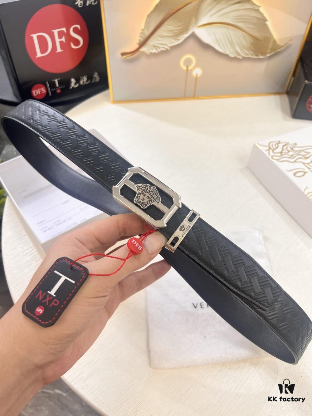 Versace Automatic Buckle Belt, Custom Embossed Top-Grade Imported Calfskin, 3.5cm Width, Luxury Business Leather Belt with NXP Anti-Counterfeit Chip