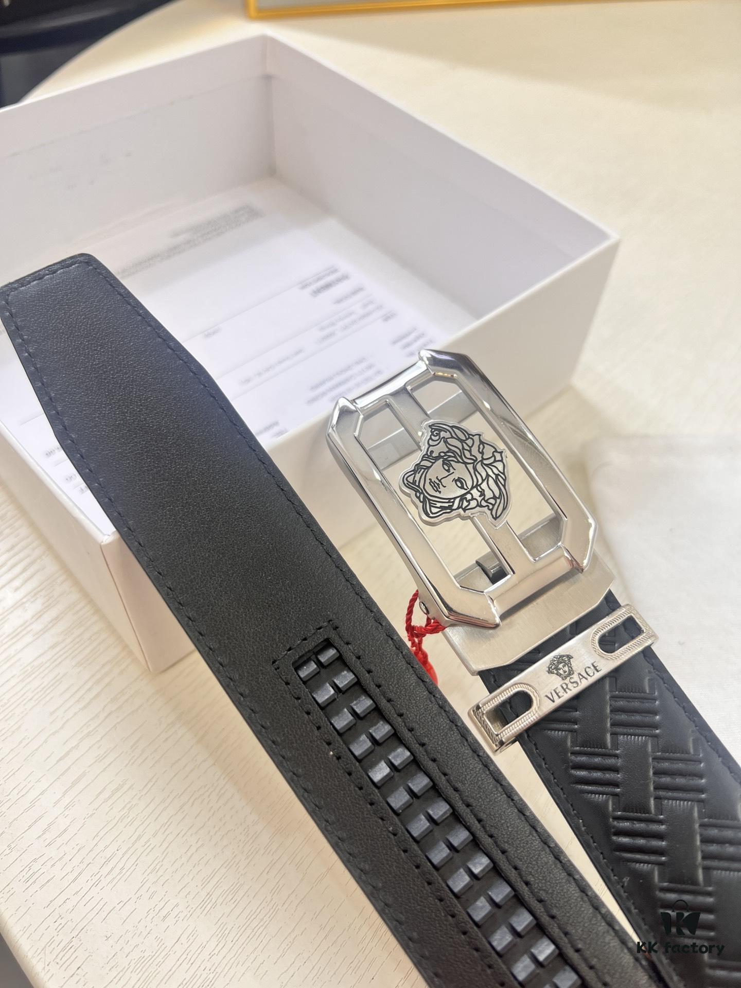 Versace Automatic Buckle Belt, Custom Cowhide with Medusa Embossed Top Layer Imported Leather, Fine Grain Cowhide, 3.5cm Width, Top-Quality Business Formal Belt