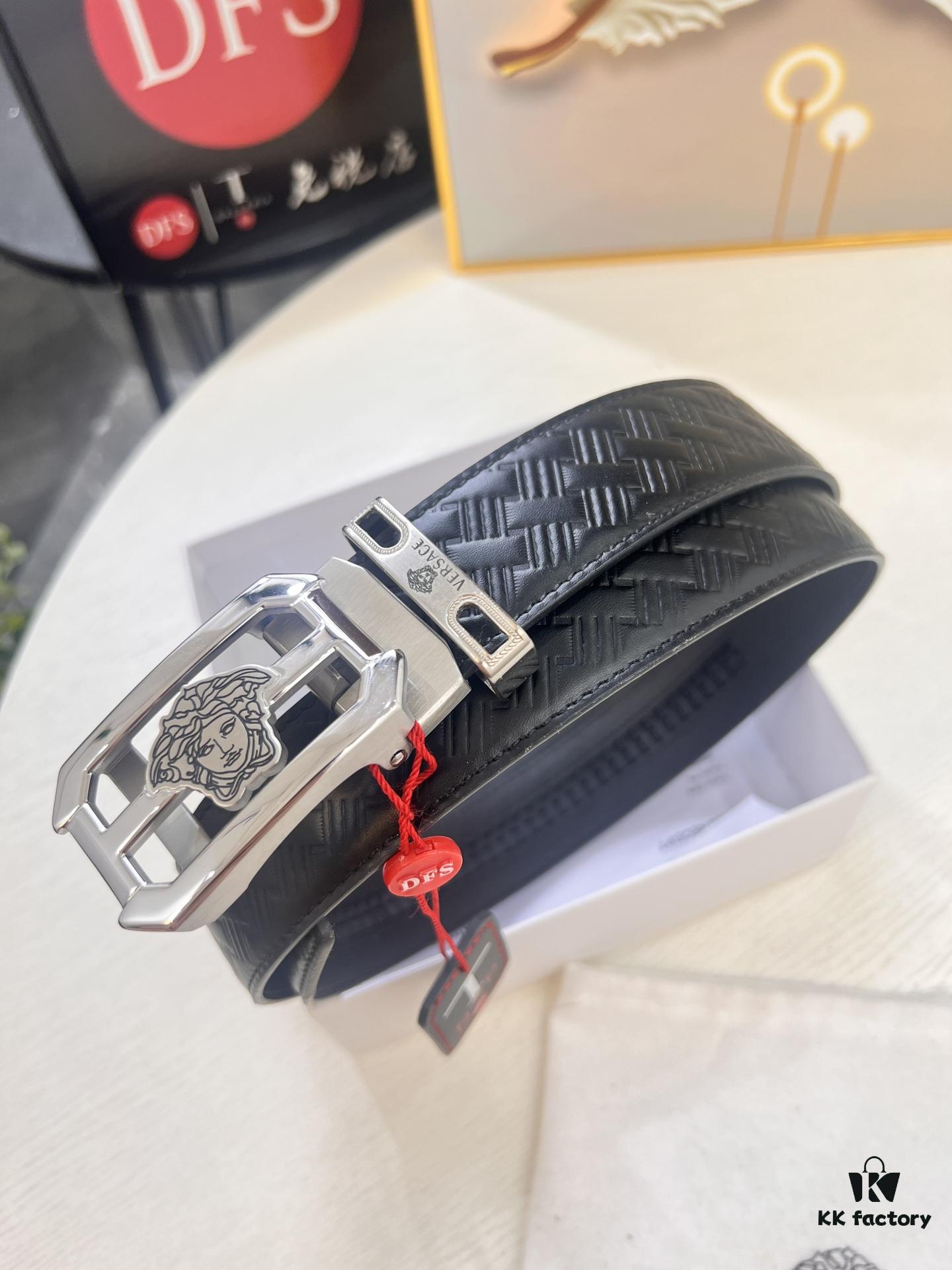 Versace Automatic Buckle Belt, Custom Cowhide with Medusa Embossed Top Layer Imported Leather, Fine Grain Cowhide, 3.5cm Width, Top-Quality Business Formal Belt