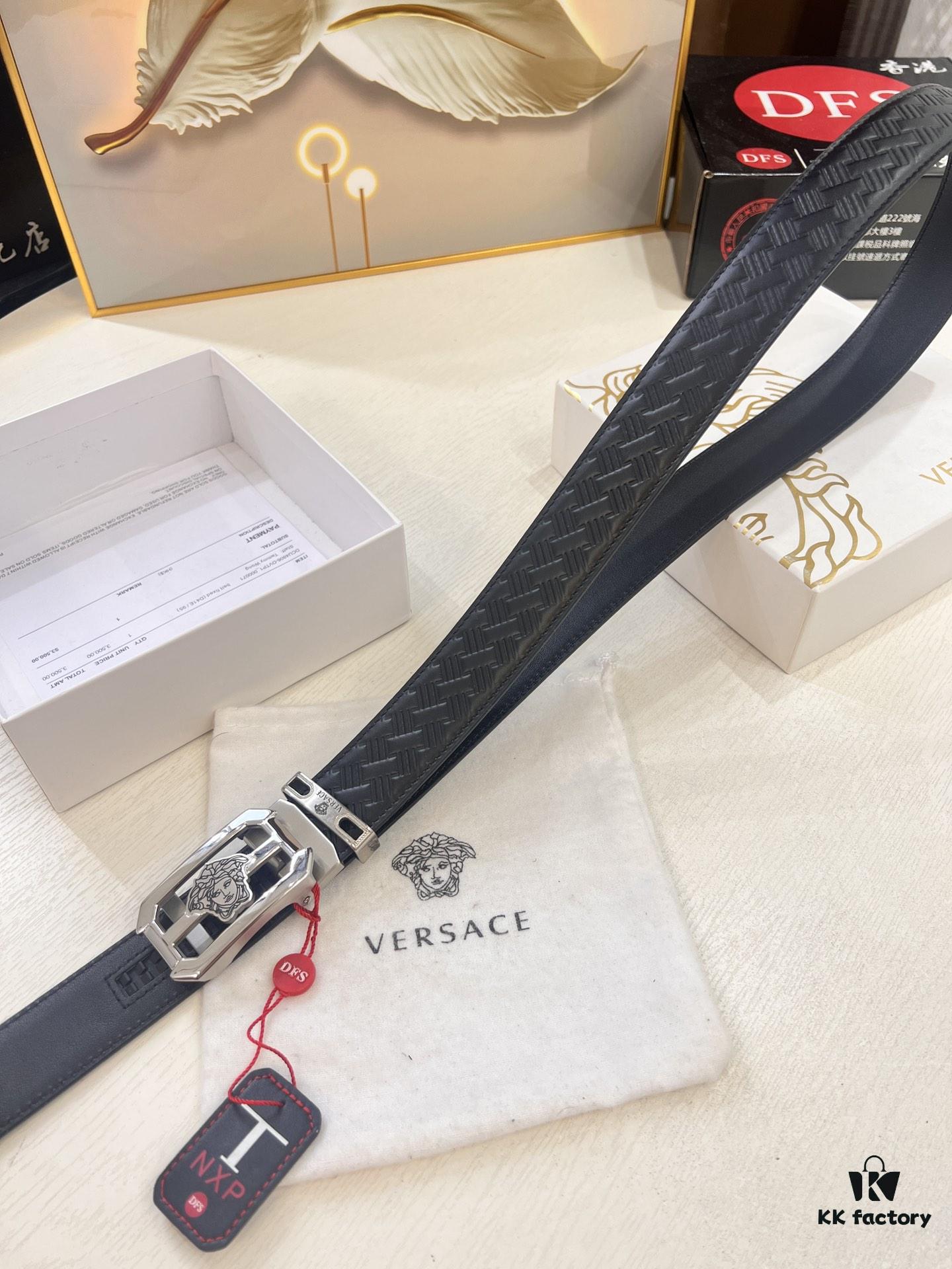 Versace Automatic Buckle Belt, Custom Cowhide with Medusa Embossed Top Layer Imported Leather, Fine Grain Cowhide, 3.5cm Width, Top-Quality Business Formal Belt
