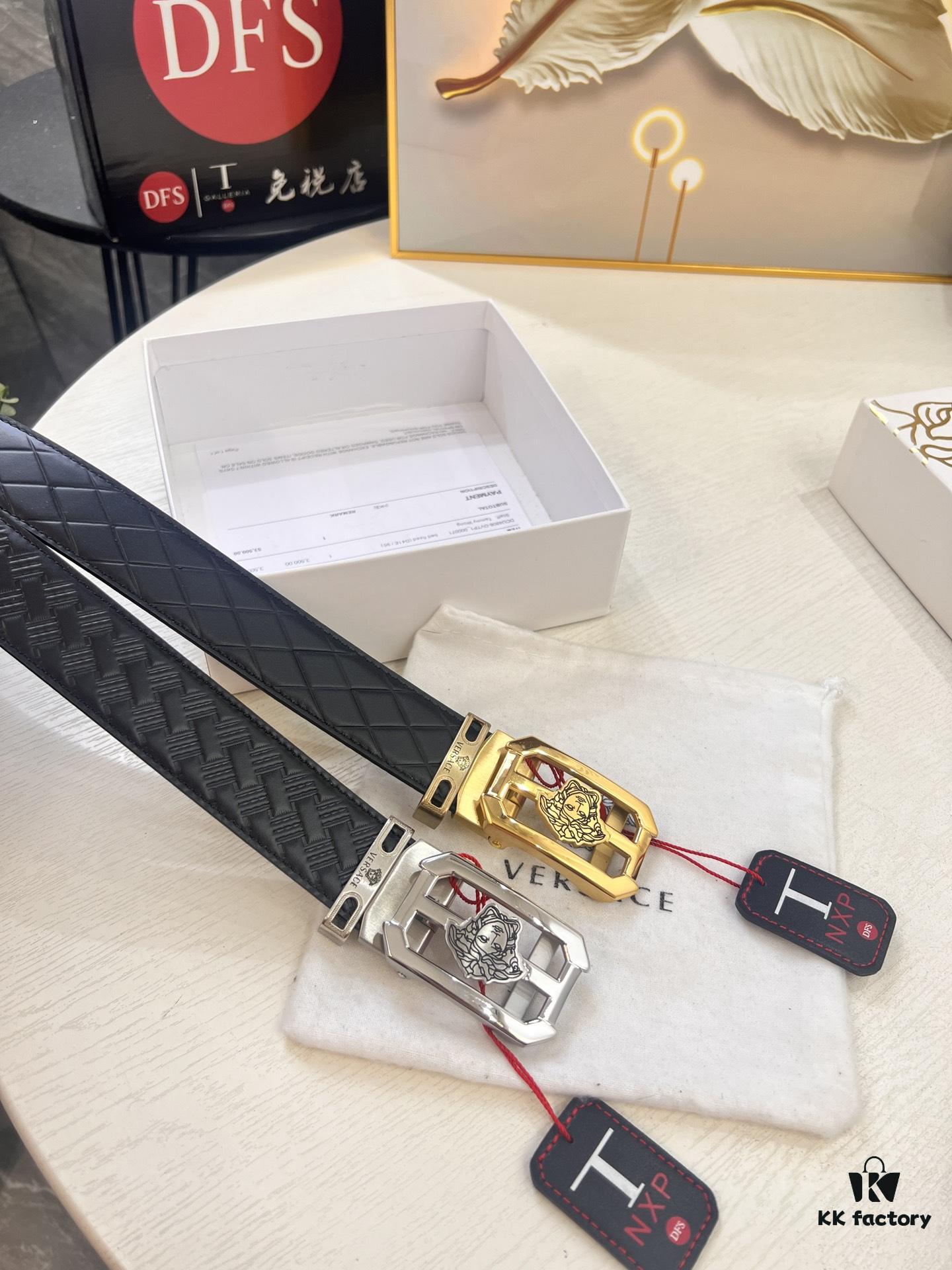 Versace Automatic Buckle Belt, Custom Cowhide with Medusa Embossed Top Layer Imported Leather, Fine Grain Cowhide, 3.5cm Width, Top-Quality Business Formal Belt