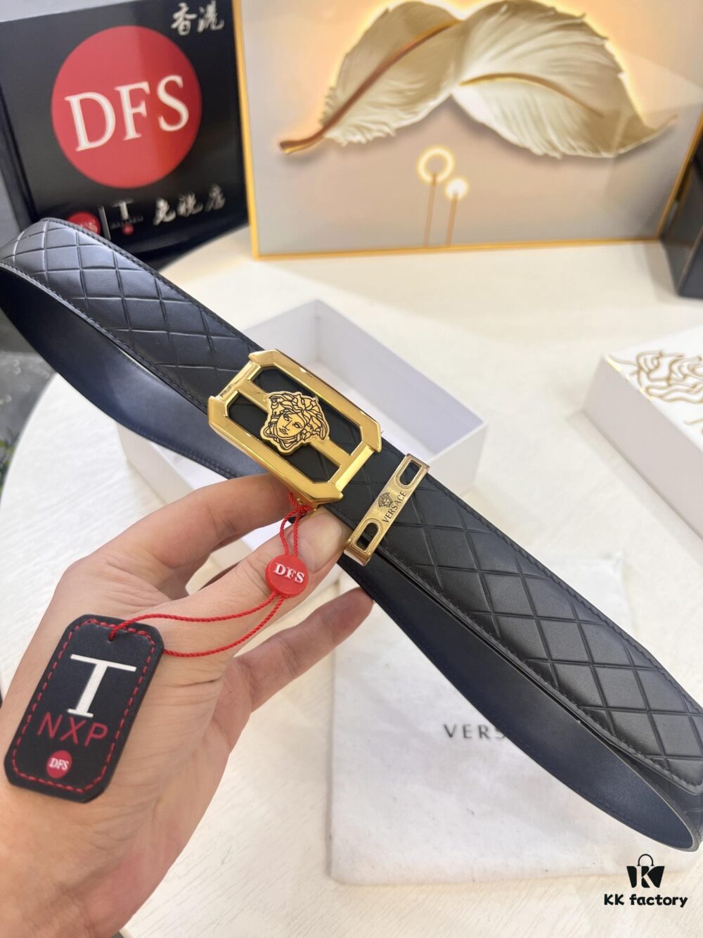 Versace Automatic Buckle Belt, Custom Embossed Top-Grade Imported Calfskin, Fine Grain Leather, 3.5cm Width, Luxury Business Formal Belt with Steel Hardware