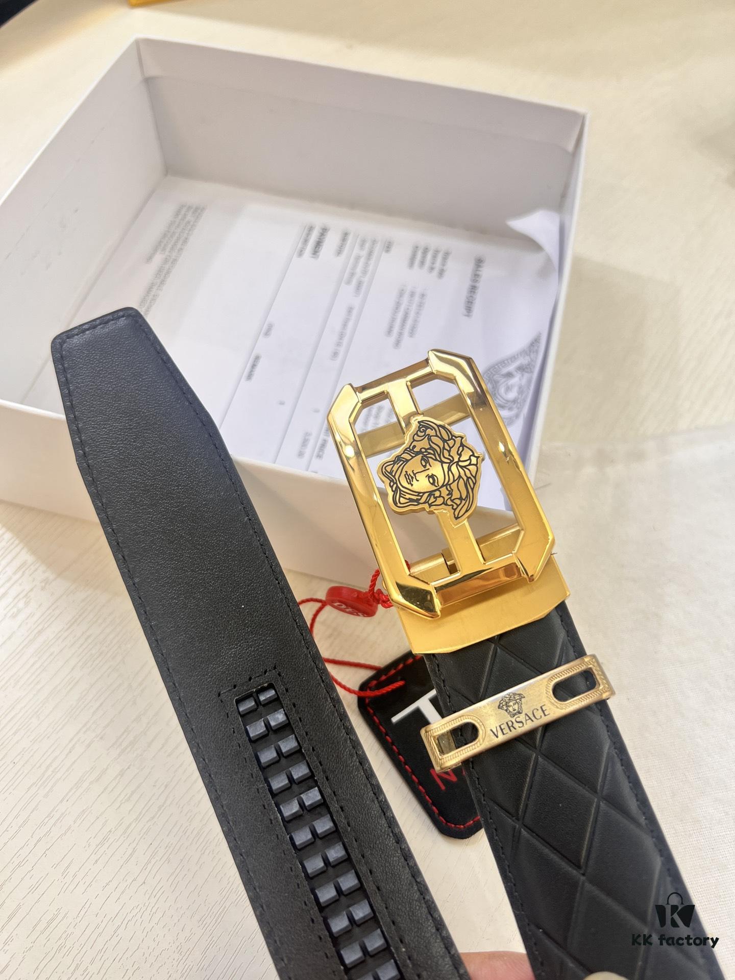 Versace Automatic Buckle Belt, Custom Embossed Top-Grade Imported Calfskin, Fine Grain Leather, 3.5cm Width, Luxury Business Formal Belt with Steel Hardware