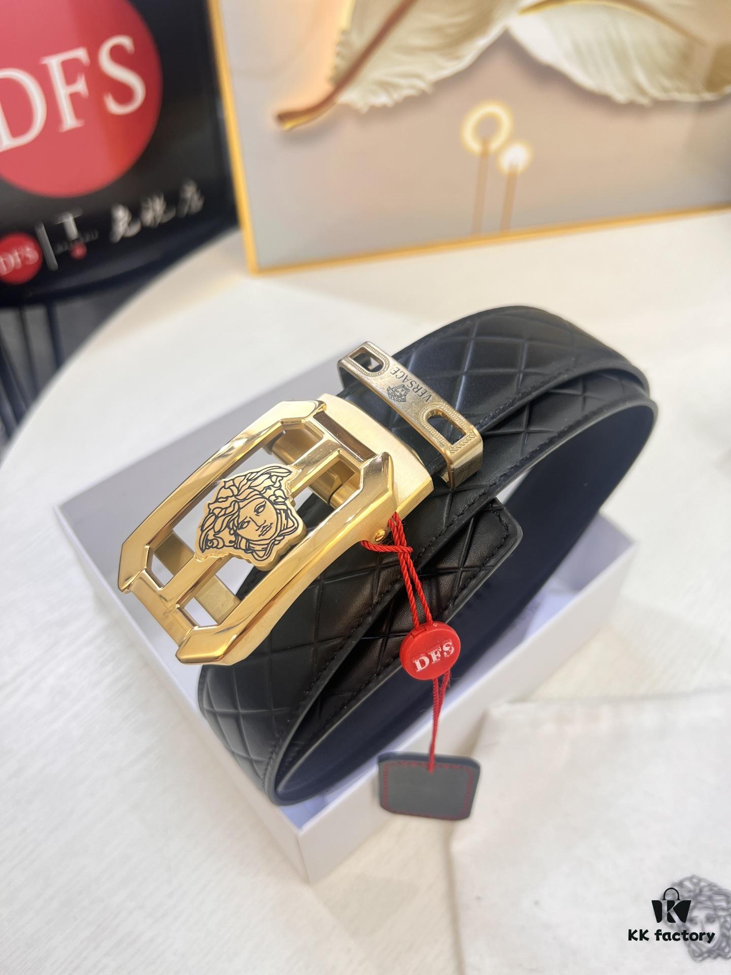 Versace Automatic Buckle Belt, Custom Embossed Top-Grade Imported Calfskin, Fine Grain Leather, 3.5cm Width, Luxury Business Formal Belt with Steel Hardware