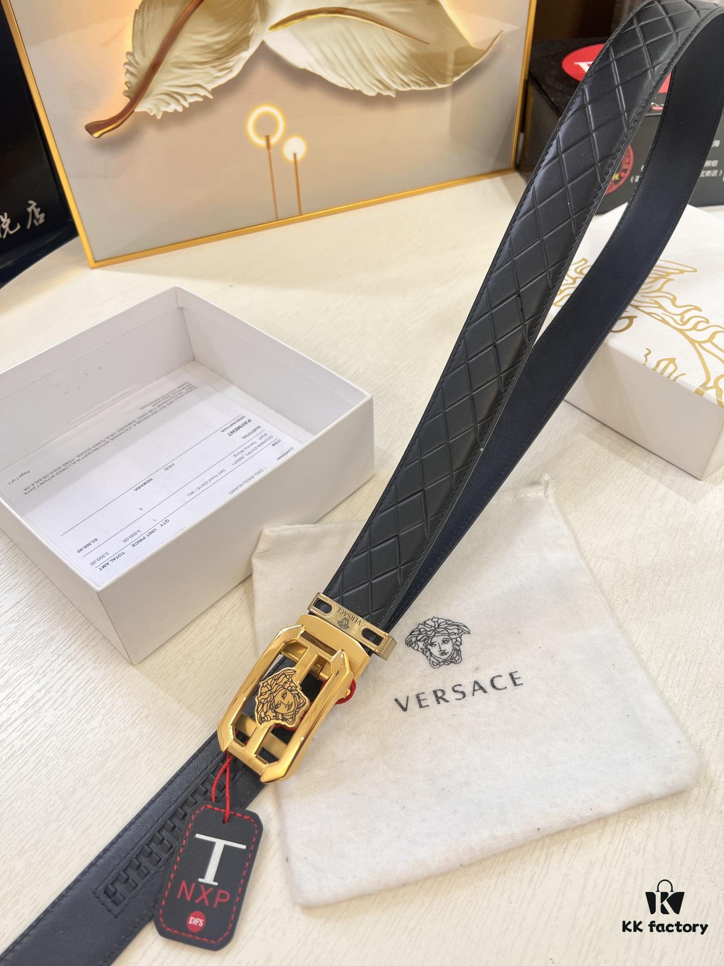 Versace Automatic Buckle Belt, Custom Embossed Top-Grade Imported Calfskin, Fine Grain Leather, 3.5cm Width, Luxury Business Formal Belt with Steel Hardware