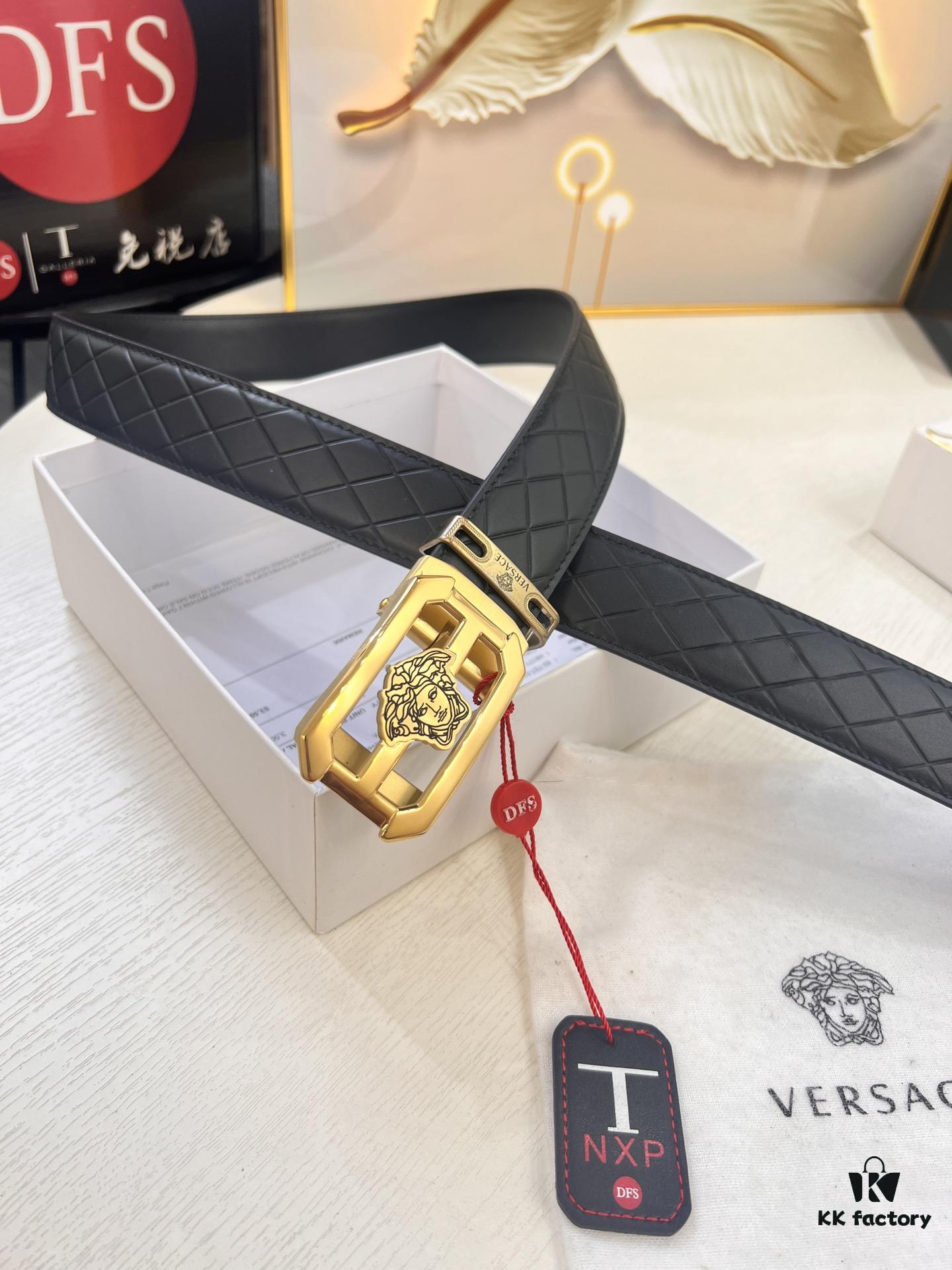 Versace Automatic Buckle Belt, Custom Embossed Top-Grade Imported Calfskin, Fine Grain Leather, 3.5cm Width, Luxury Business Formal Belt with Steel Hardware