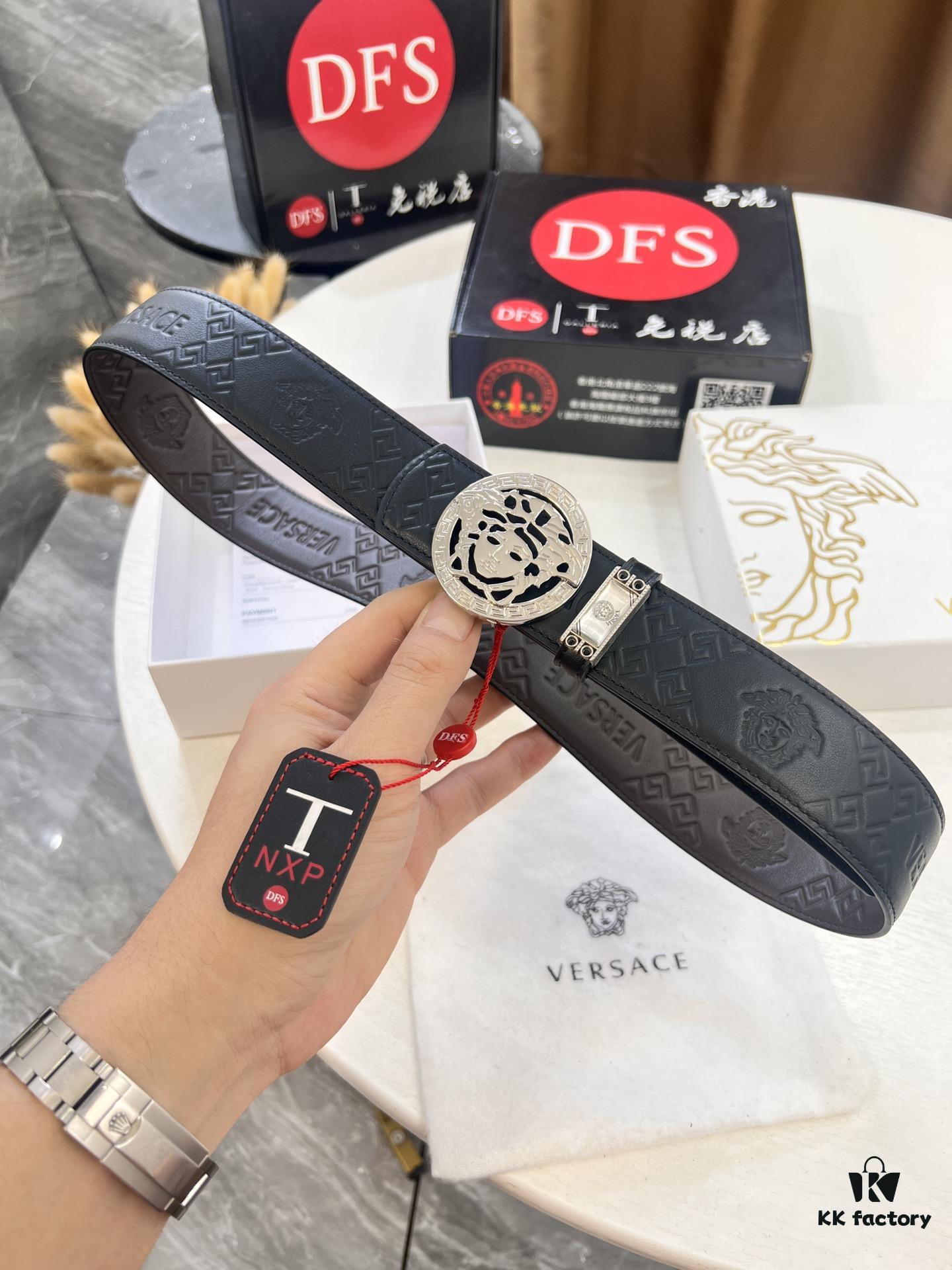 Versace Belt, New Style, Top-Quality Full-Grain Calfskin with Medusa Head Embossing, Fashionable Double-Sided Design, Soft Leather Feel, Medusa Stainless Steel Hardware, 3.8cm Width