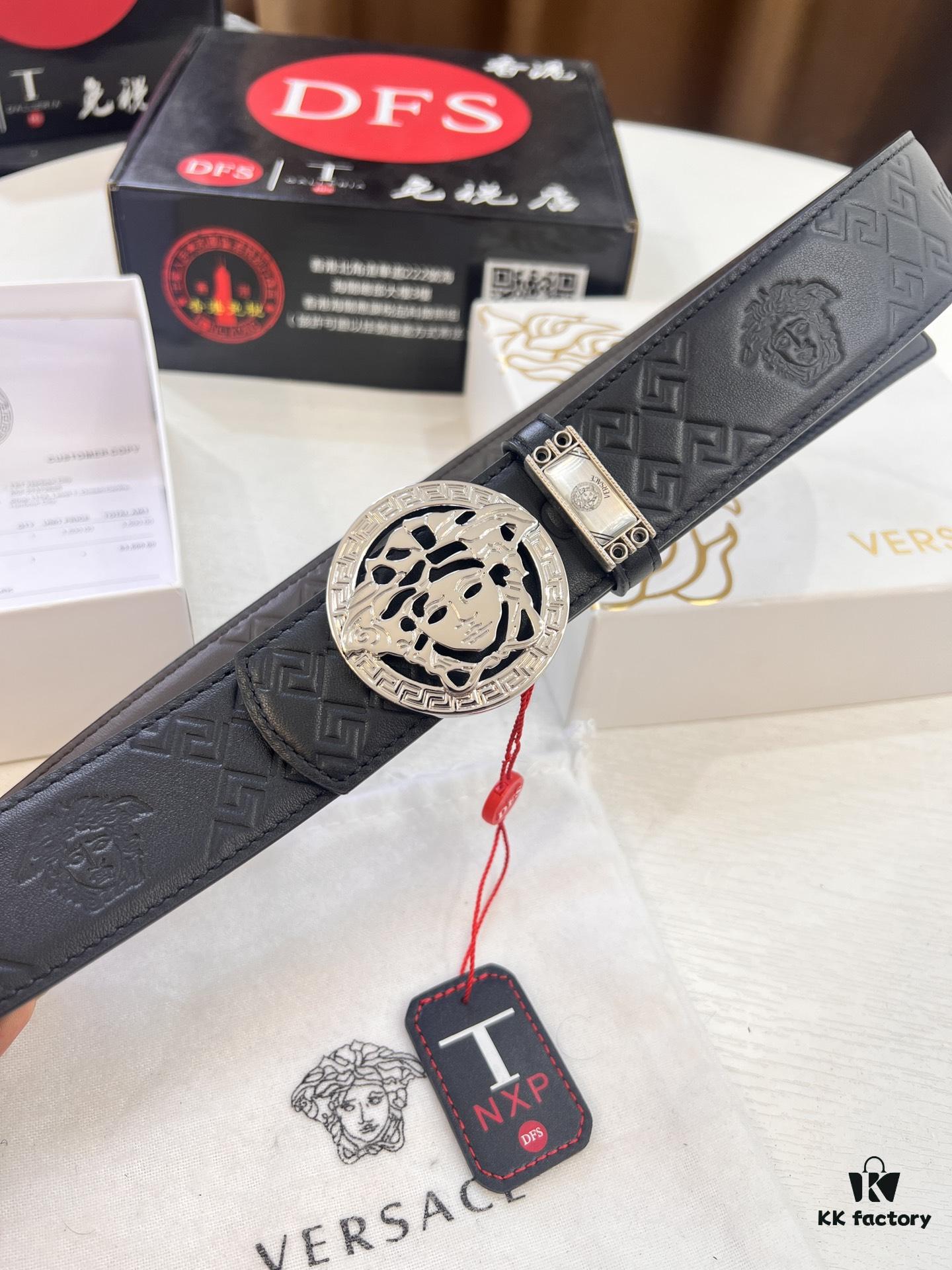Versace Belt, New Style, Top-Quality Full-Grain Calfskin with Medusa Head Embossing, Fashionable Double-Sided Design, Soft Leather Feel, Medusa Stainless Steel Hardware, 3.8cm Width